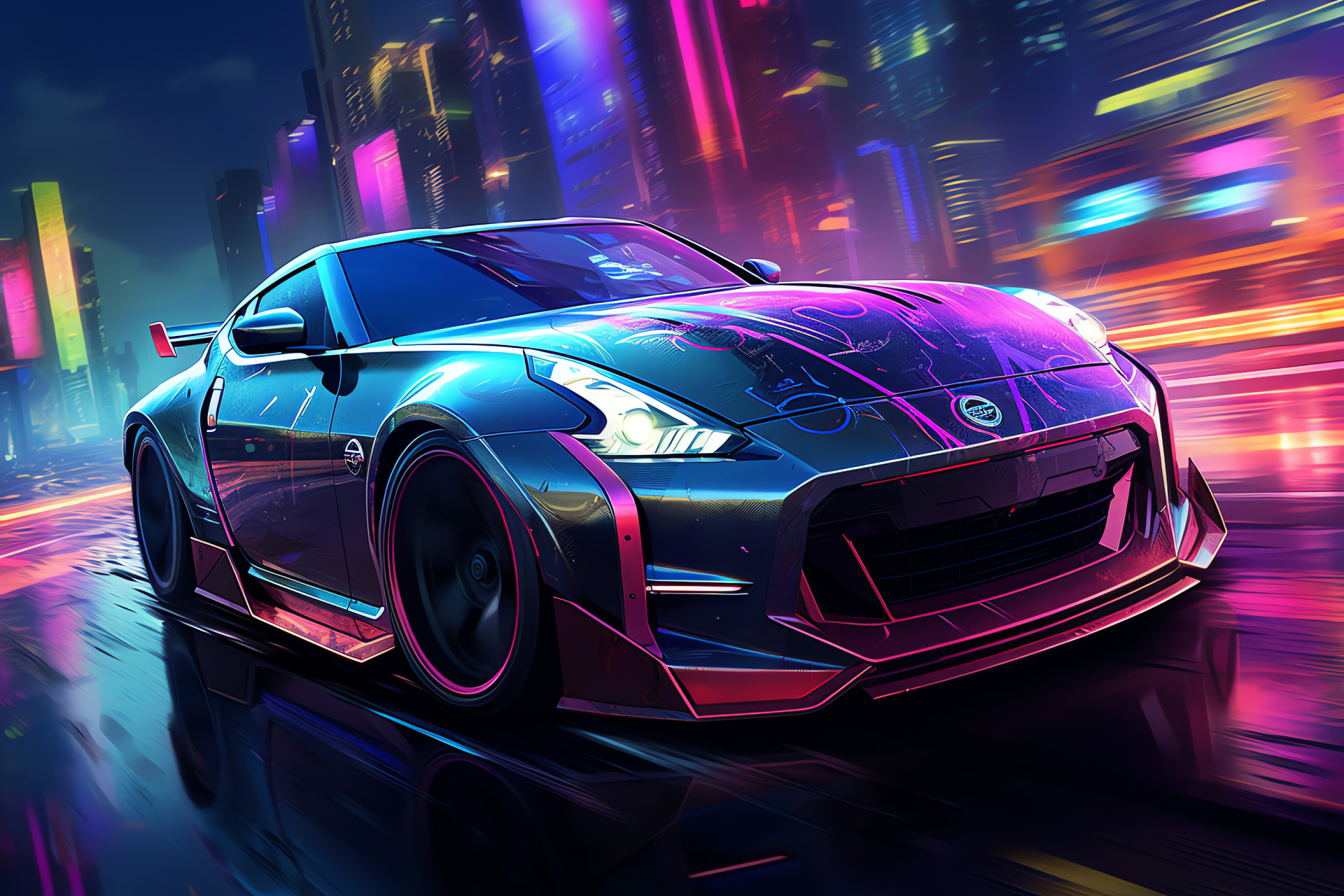 Nissan 370Z driving, Neon-lit urban landscape, Advanced automotive technology, City skyline, High-tech environment, HD Desktop Image