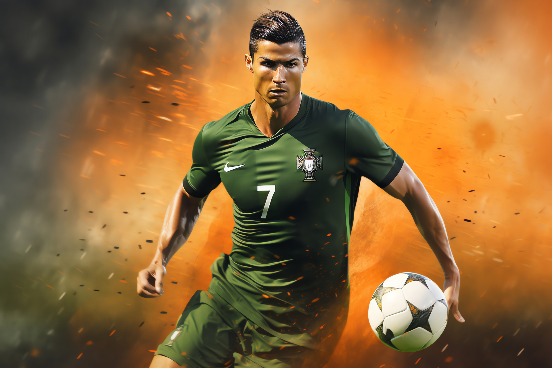 Cristiano Ronaldo, Competitive athlete, Piercing gaze, Sheer determination, Athletic perspiration, HD Desktop Image