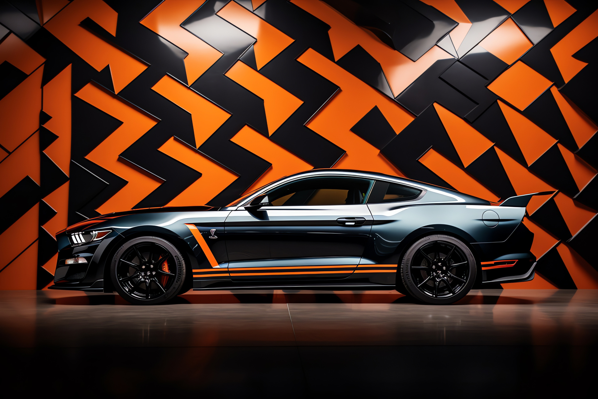 Shelby Mustang GT500 Super Snake, 2020 revision, styled side profile, dynamic backdrop, contrasting orange highlights, HD Desktop Image