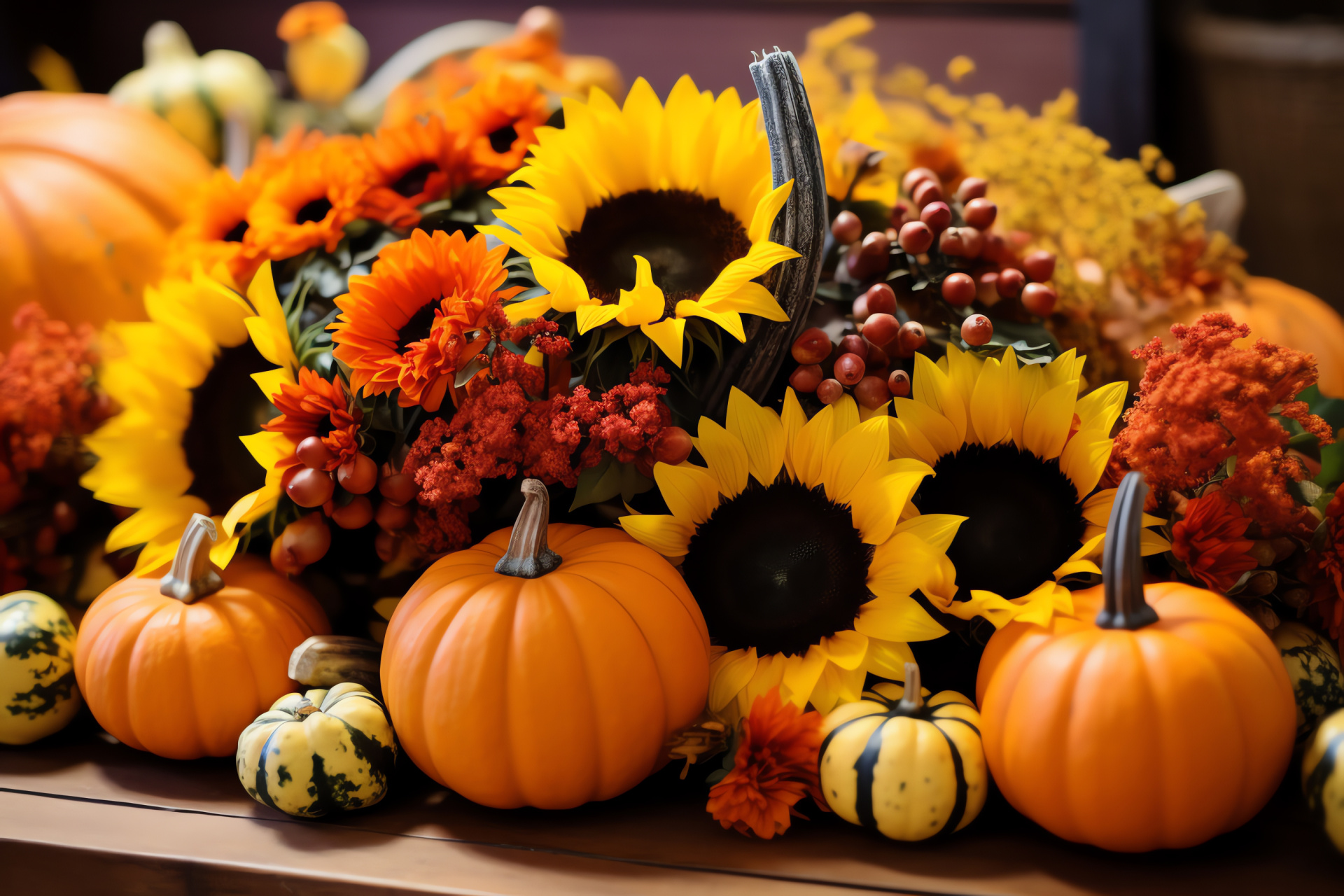 Thanksgiving decor, harvest-themed centerpiece, assorted gourds, vibrant sunflowers, autumn bounty display, HD Desktop Image