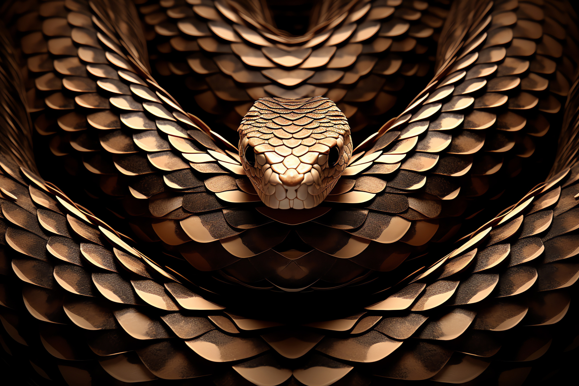 Serpentine overview, complex dermal layer, earth tones interplay, tessellation visual, serene aesthetic, HD Desktop Image