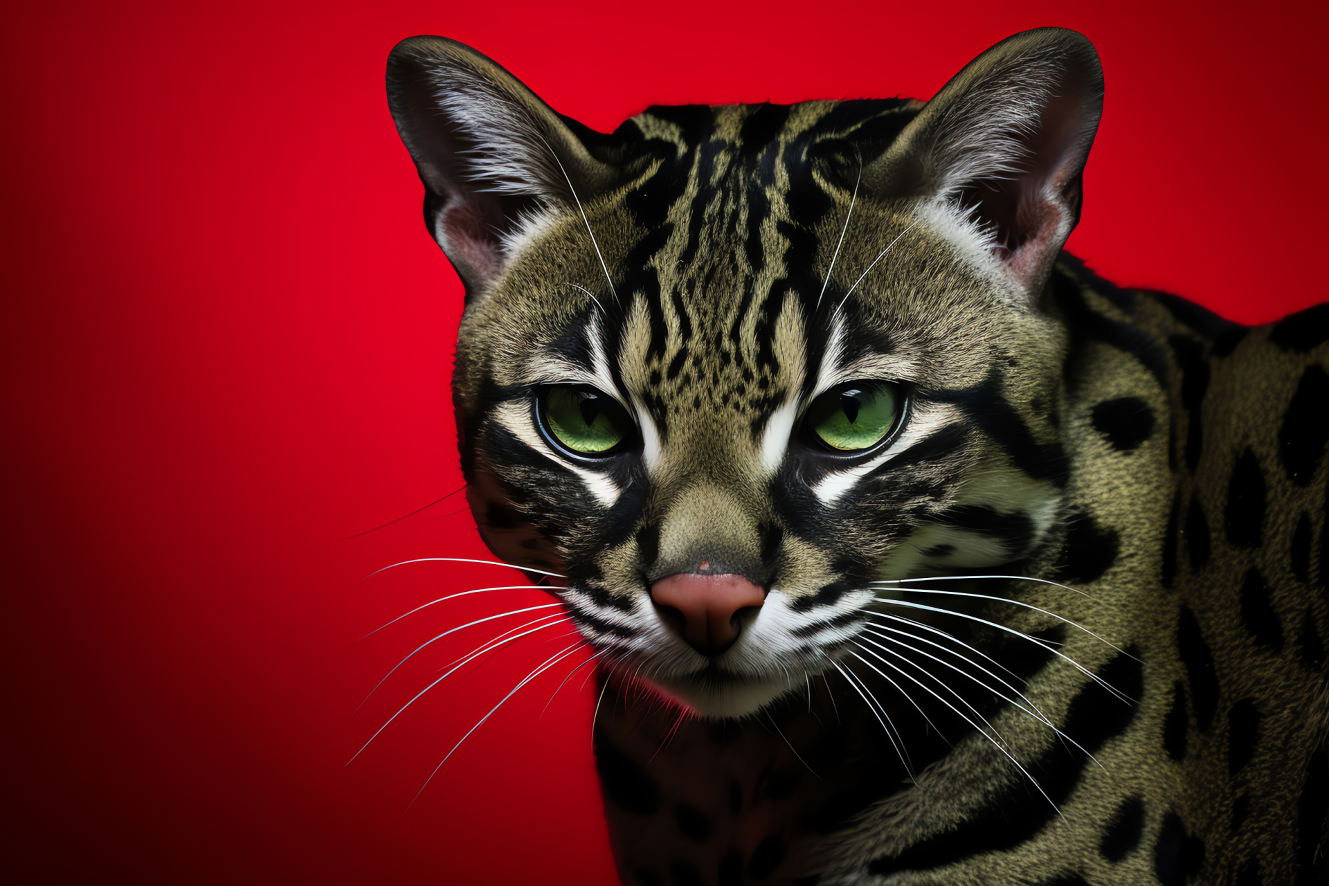 Graceful Ocelot, Jungle emerald stare, Striped contrast fur, Simple elegance, Red singular background, HD Desktop Image