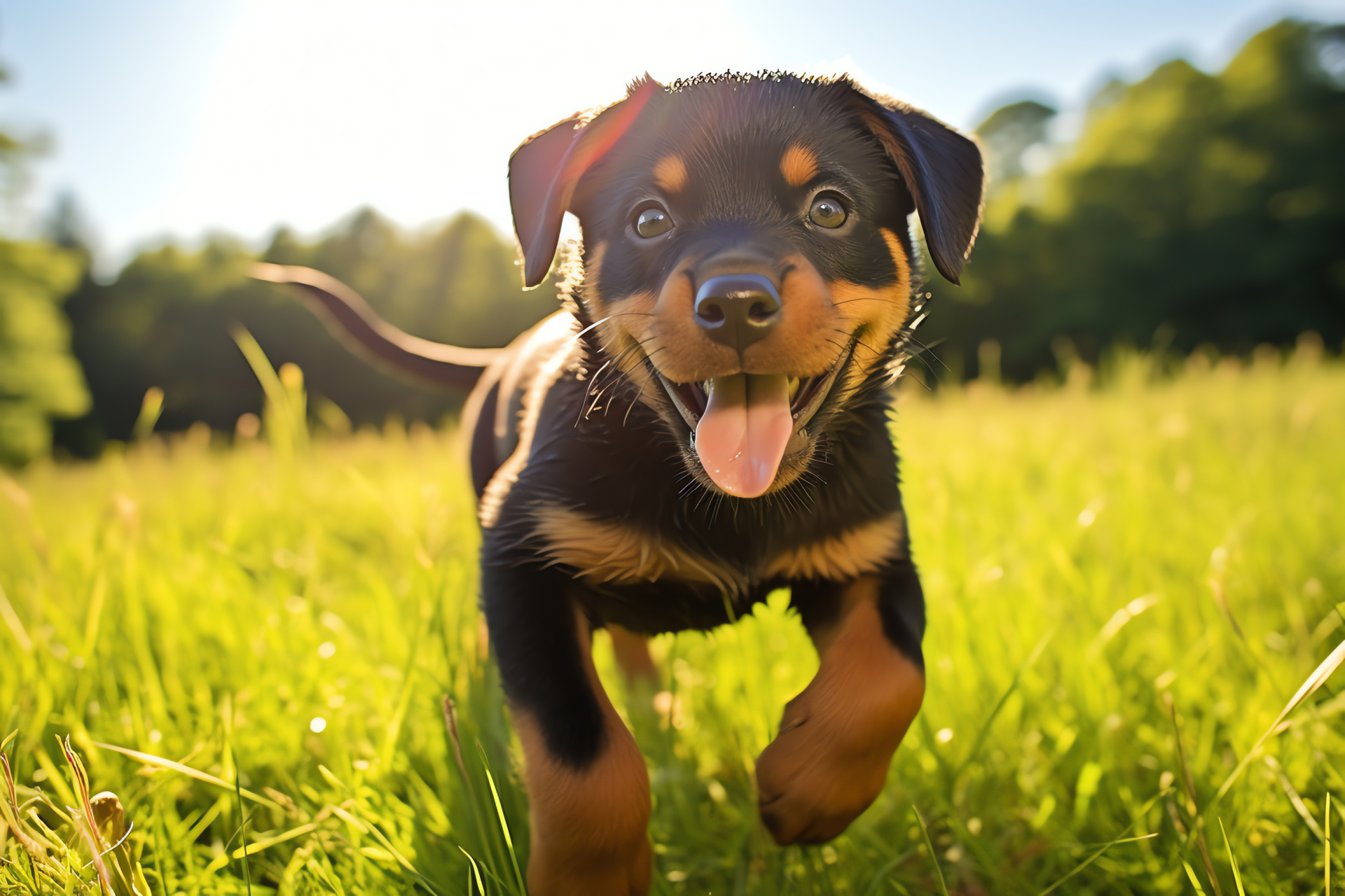 Playful Rottweiler pup, exuberant expression, outdoor setting, sunlit play, jovial ambiance, HD Desktop Wallpaper