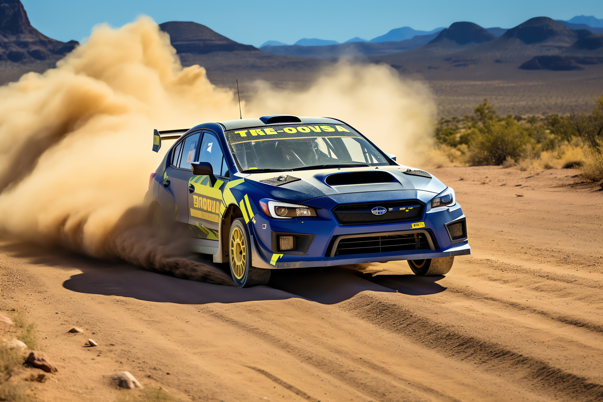 Subaru WRX model, Arizona motorsport, performance rally vehicle, aggressive aerodynamics, soil patina, HD Desktop Wallpaper