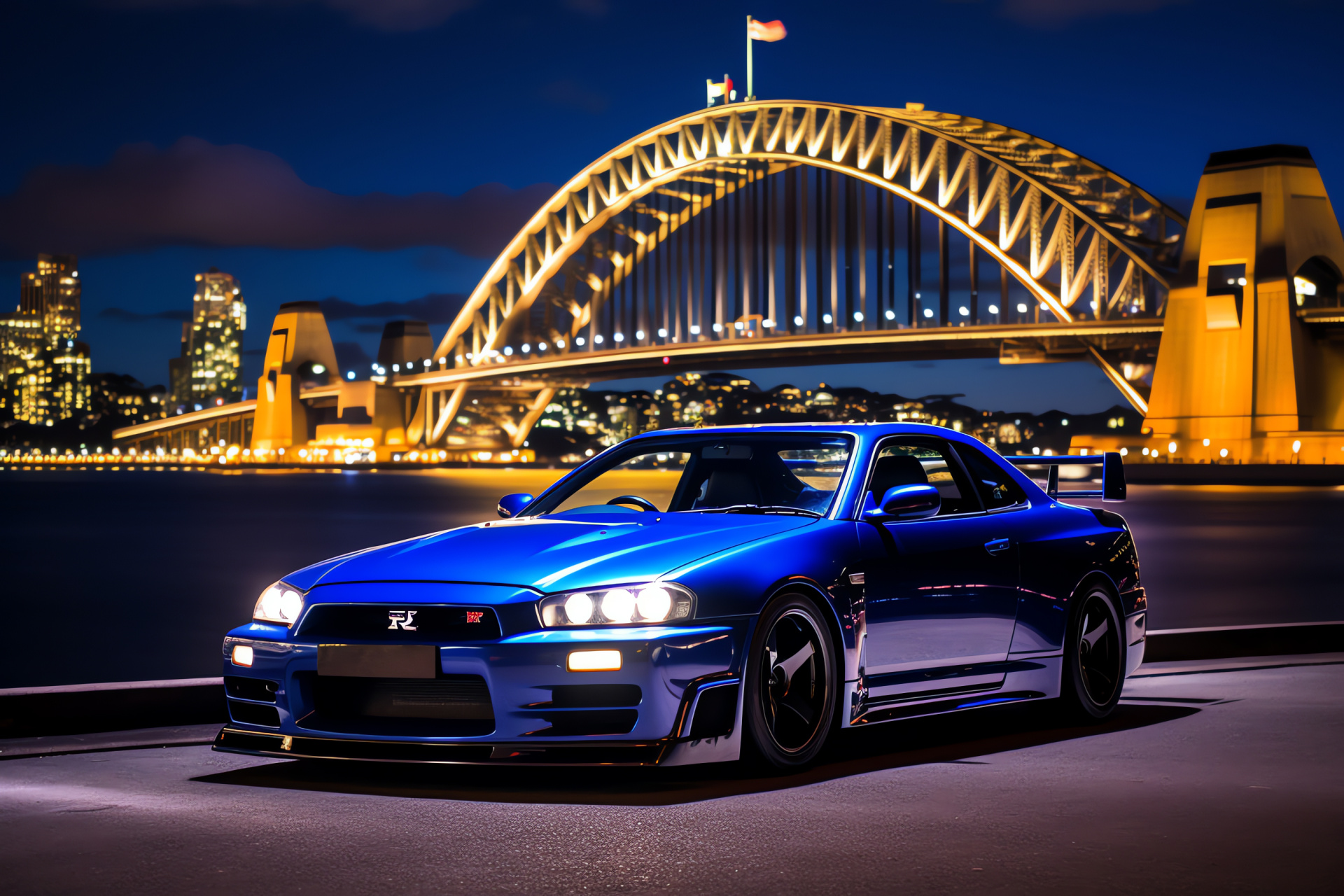 Nissan Skyline GTR R33, Australian backdrop, GT-R V-Spec II, Oceanic blue hue, Iconic opera house, HD Desktop Image