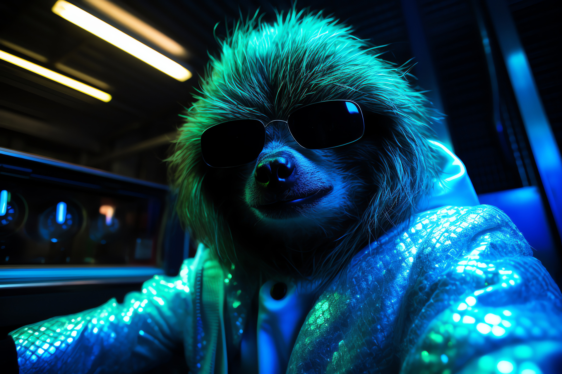 Space-age sloth, shimmering blue fur, advanced cosmic attire, glowing green study, interstellar discovery, HD Desktop Image