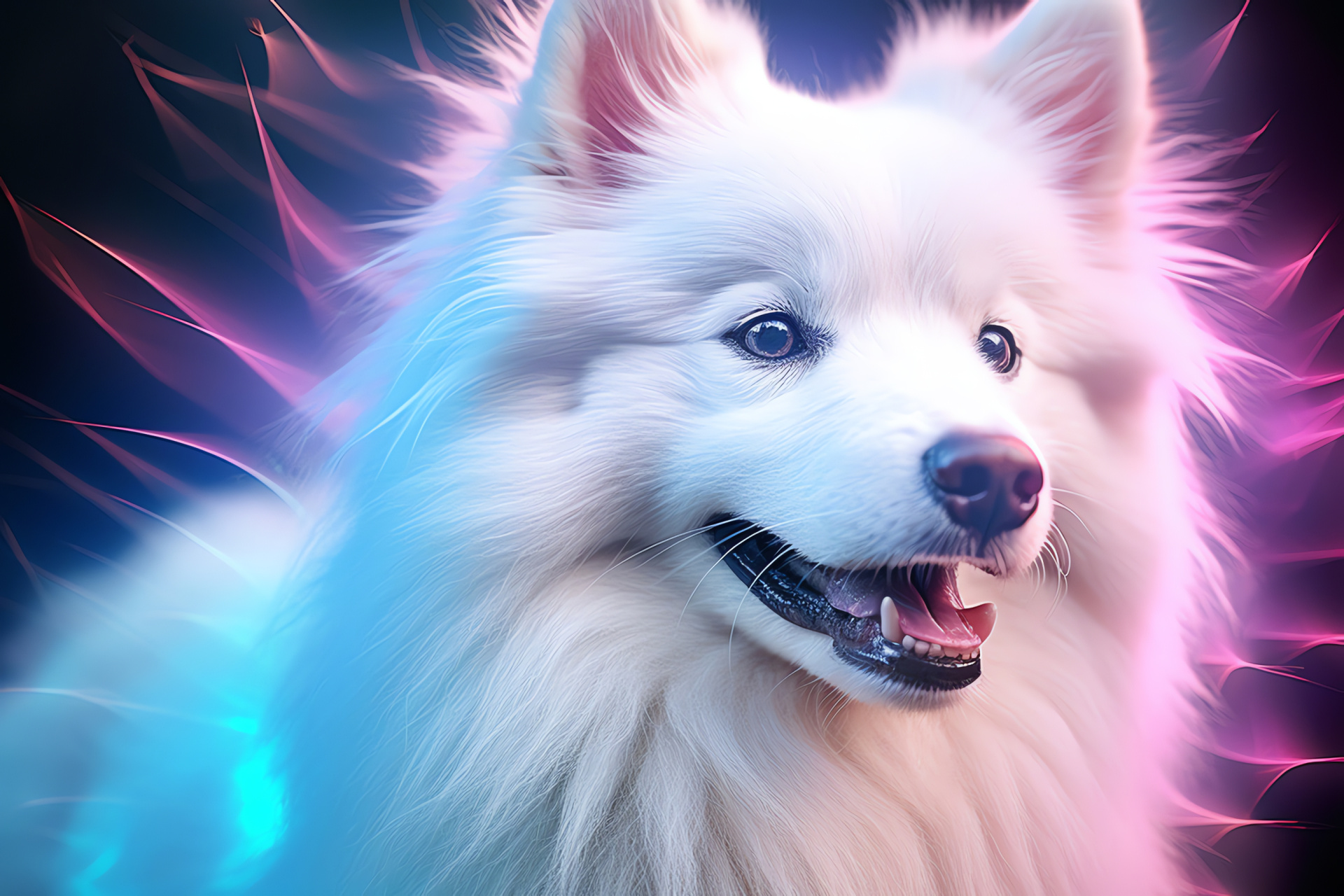 Fluffy White Dog, Close up canine, Soft fur coat, Playful dog gaze, Furry animal companion, HD Desktop Image