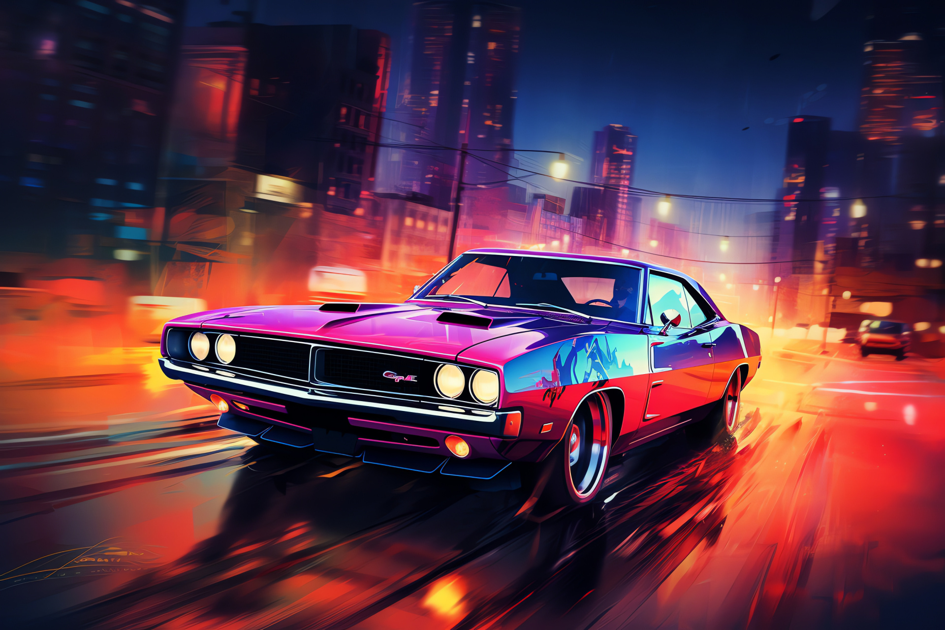 Night city muscle car, Urban neon lights, Retro car finish, Spray paint art, Auto under city glow, HD Desktop Image