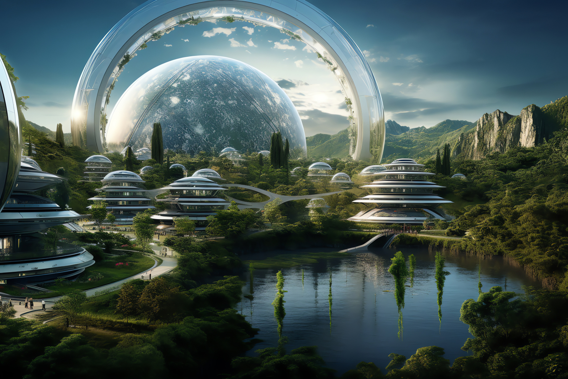 Off-planet community, Terraformed satellite, Forested biosphere, Earth-like conditions, Extraterrestrial society, HD Desktop Image