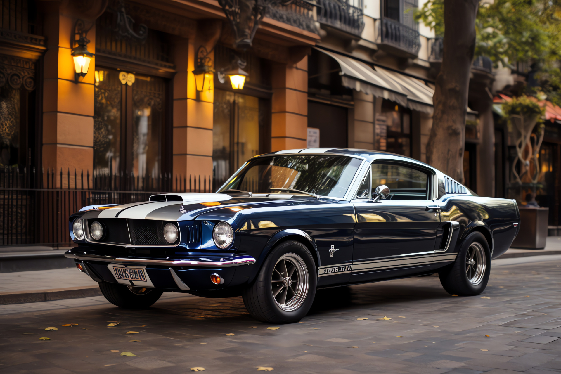 Ford Mustang GT350, Catalan city exploration, Modernism architecture avenue, Spanish urban elegance, Muscle vehicle, HD Desktop Wallpaper