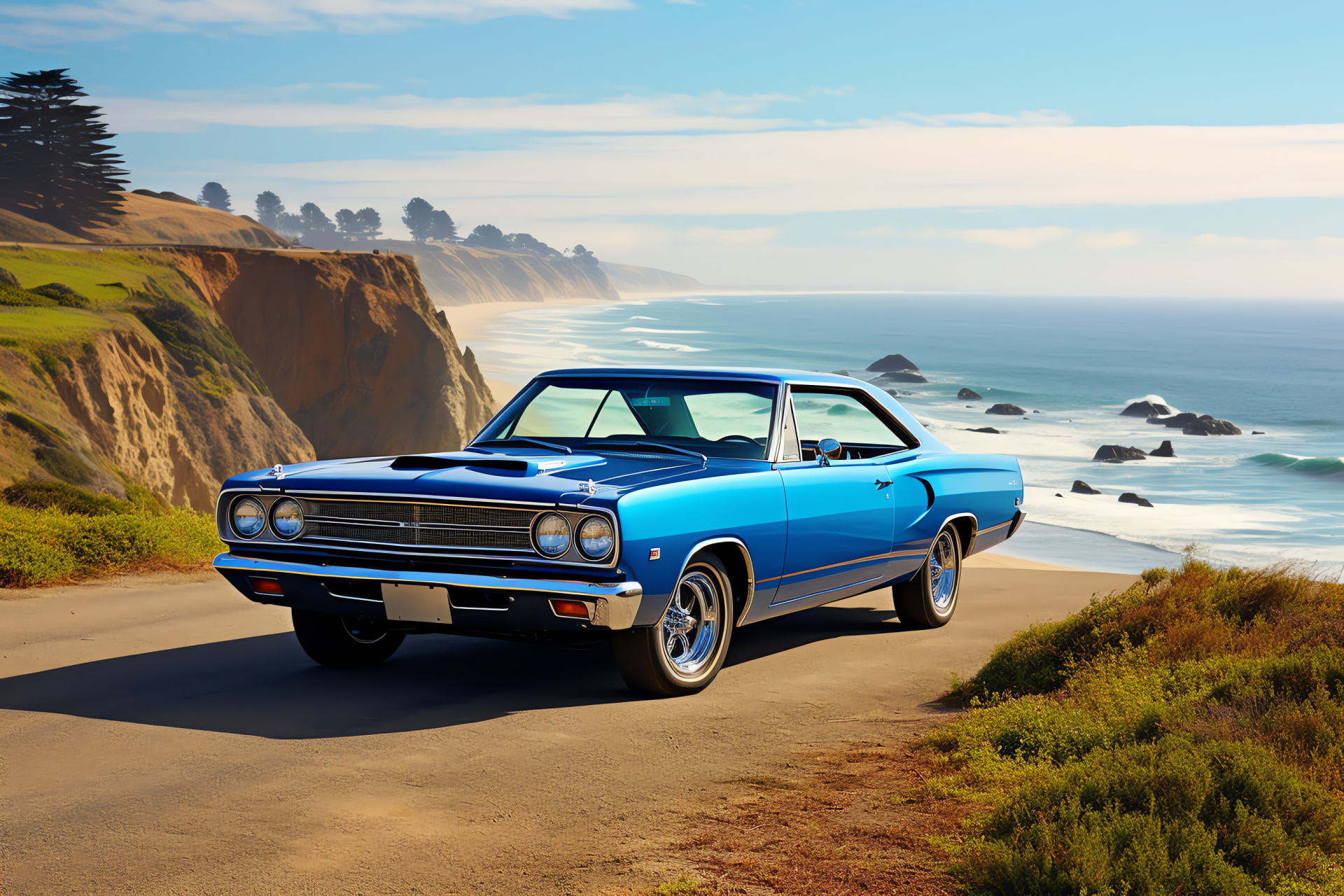 Dodge Dart GTS moment, Classic car gathering, Sapphire car hue, Coastal setting, Cliffside nature scene, HD Desktop Image