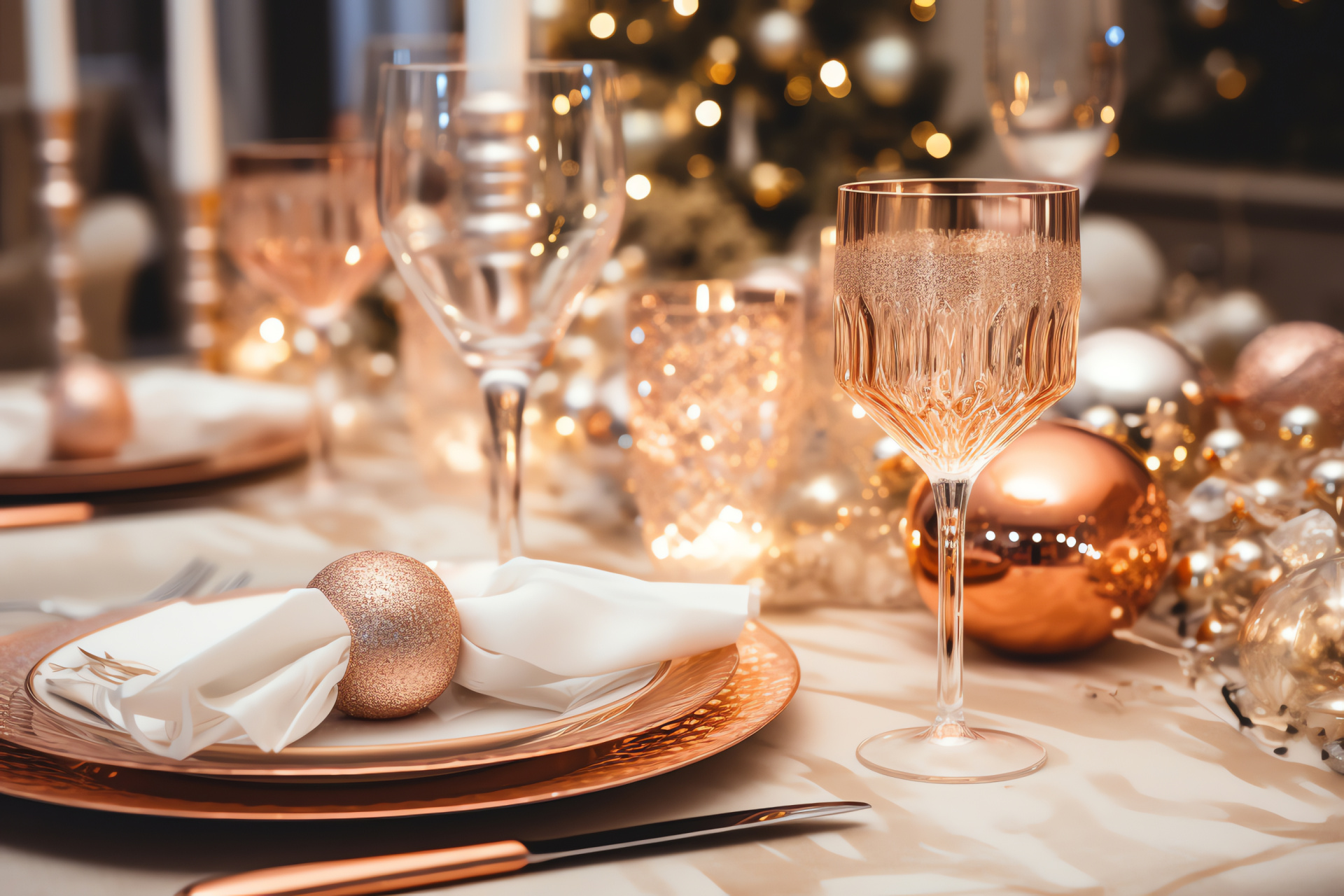 Elegant end-of-year dinner, Lavish feast setup, Vintage drinkware, Festive banquet delights, New Year's fine dining, HD Desktop Image
