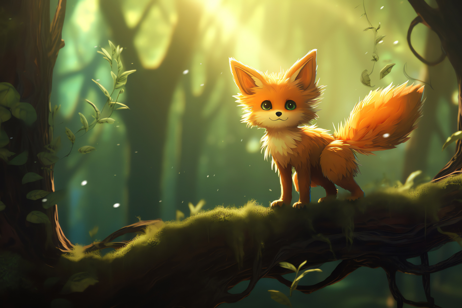 Arboreal Fennekin, soft orange coat, sunlit woodland scenery, fluffy creature, daylight radiance, HD Desktop Image