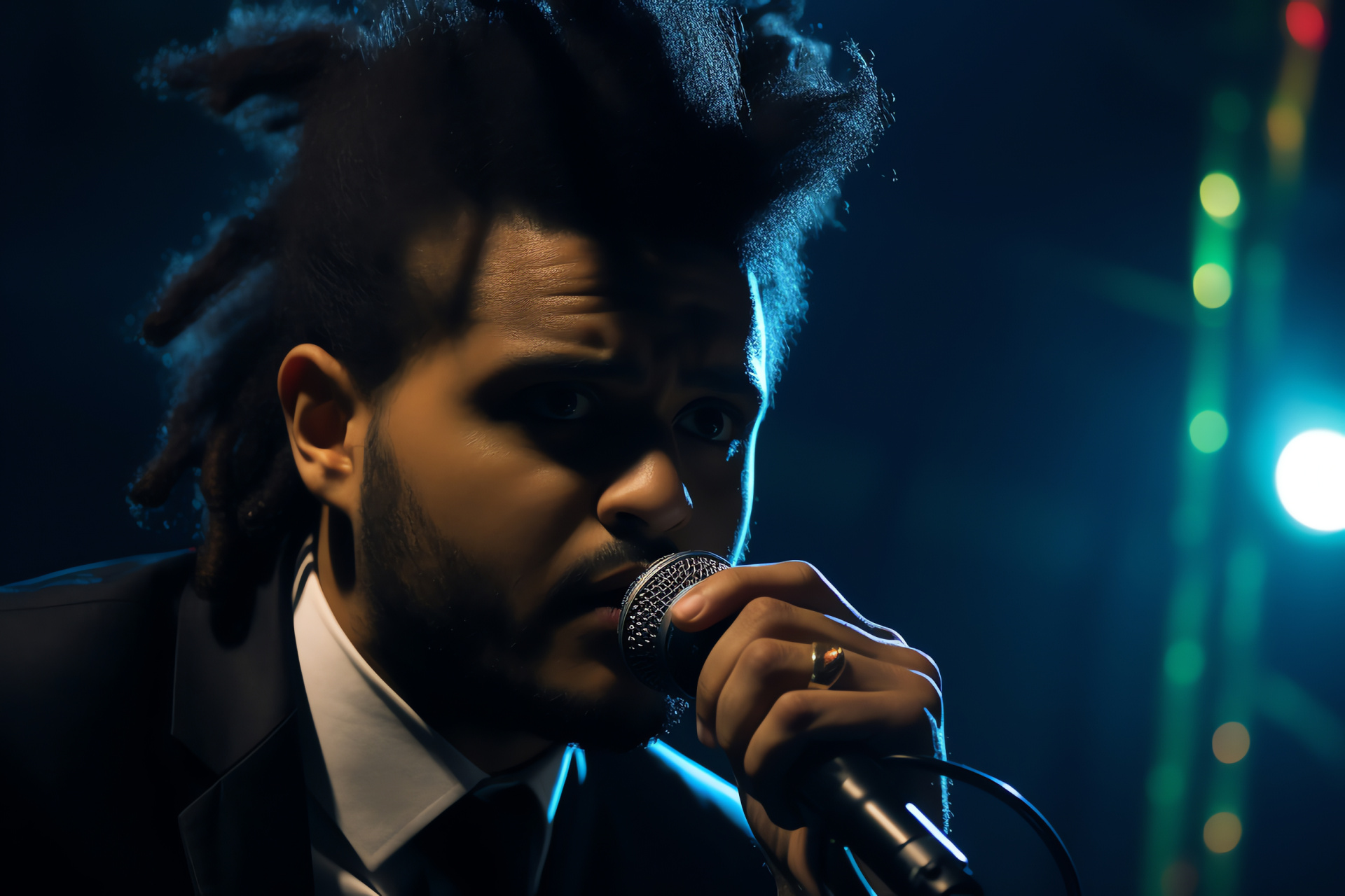 The Weeknd, Music world figure, Signature dreads, Concert suit, Singing with mic, HD Desktop Wallpaper