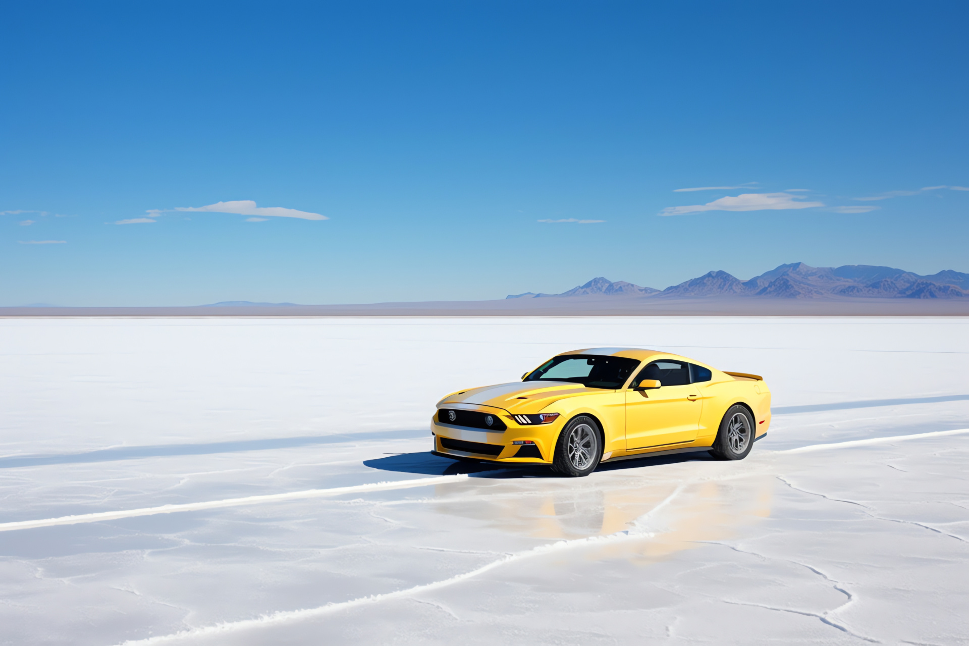 Mustang Mach 1, Bonneville flats, Sky high perspective, Salt pan expanse, Yellow Mustang contrast, HD Desktop Wallpaper