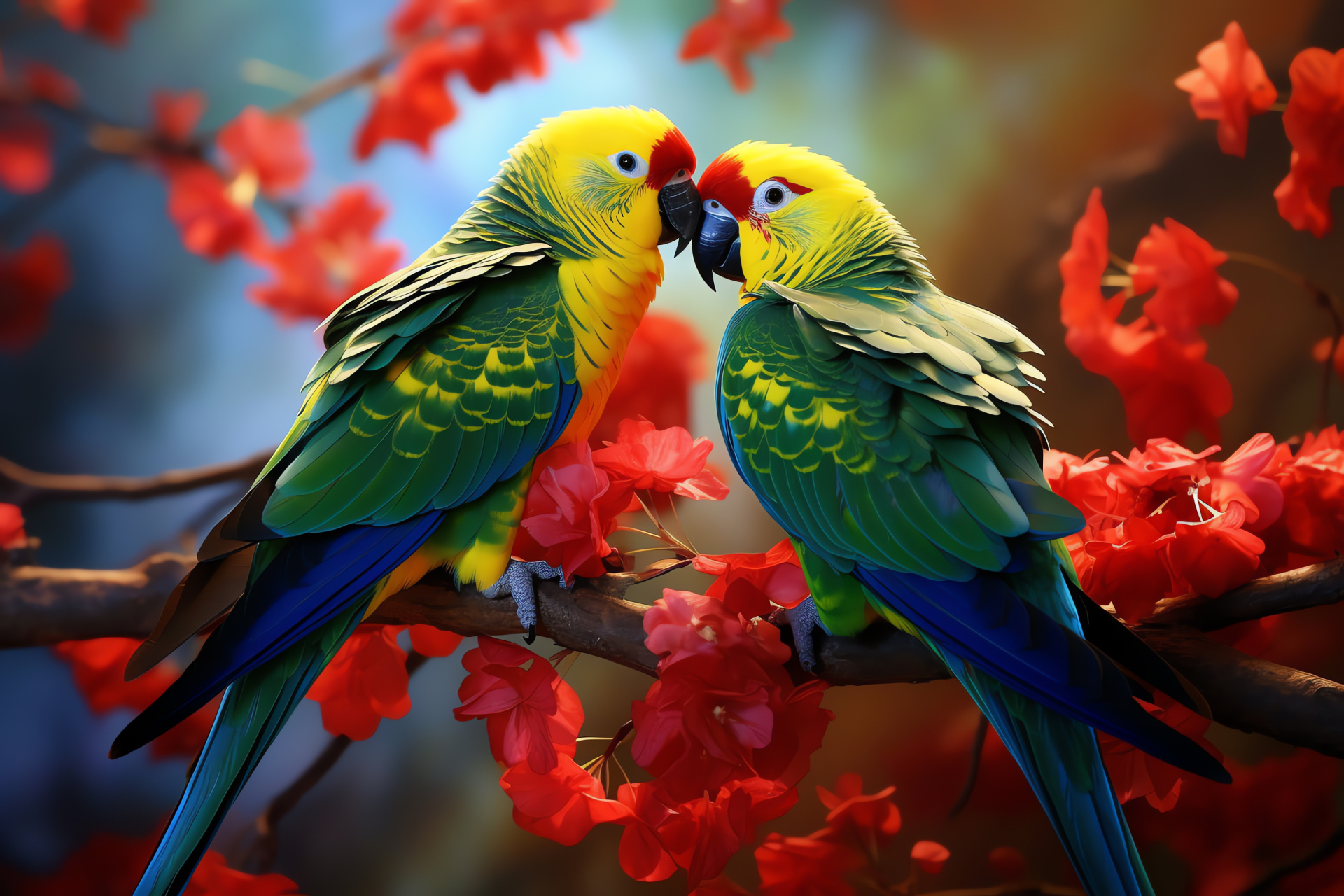 Parakeets, Vivid yellow and green birds, Primary colorful environment, Outdoor garden life, HD Desktop Wallpaper