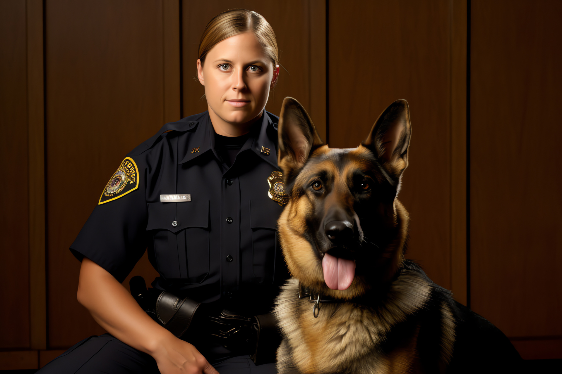 Police hound Shepherd, Golden-eyed enforcement, Layered fur coat, Law service animal, Classic saddle marking, HD Desktop Wallpaper