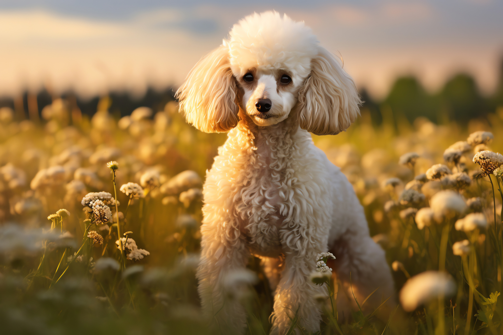 Poodle breed, cream fur, domesticated canine, tranquil walk, pet leisure, HD Desktop Wallpaper