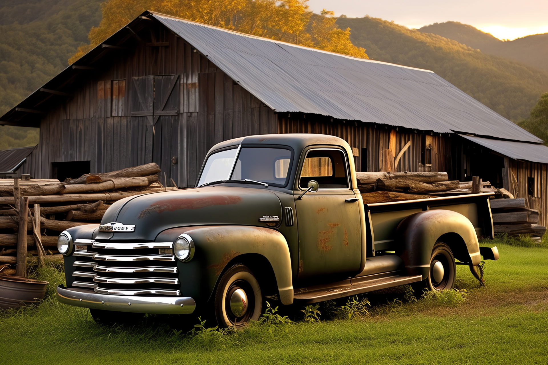 Vintage Chevrolet Truck, Countryside scenery, Rustic barn, Patina finish, Timber side rails, HD Desktop Image