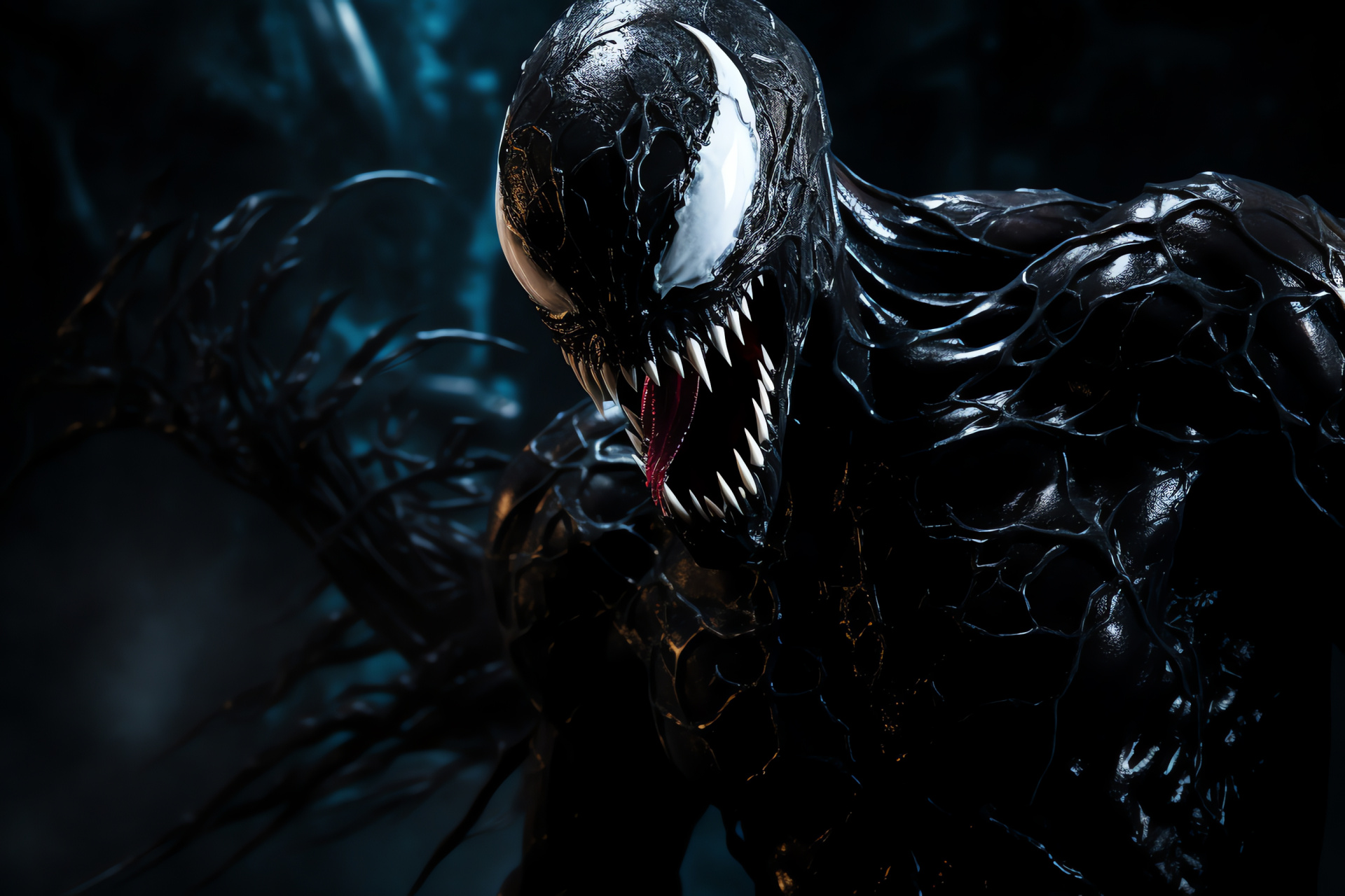 Venom symbiote, shadowy figure, sinister glare, sleek symbiote form, fearsome grimace, HD Desktop Image