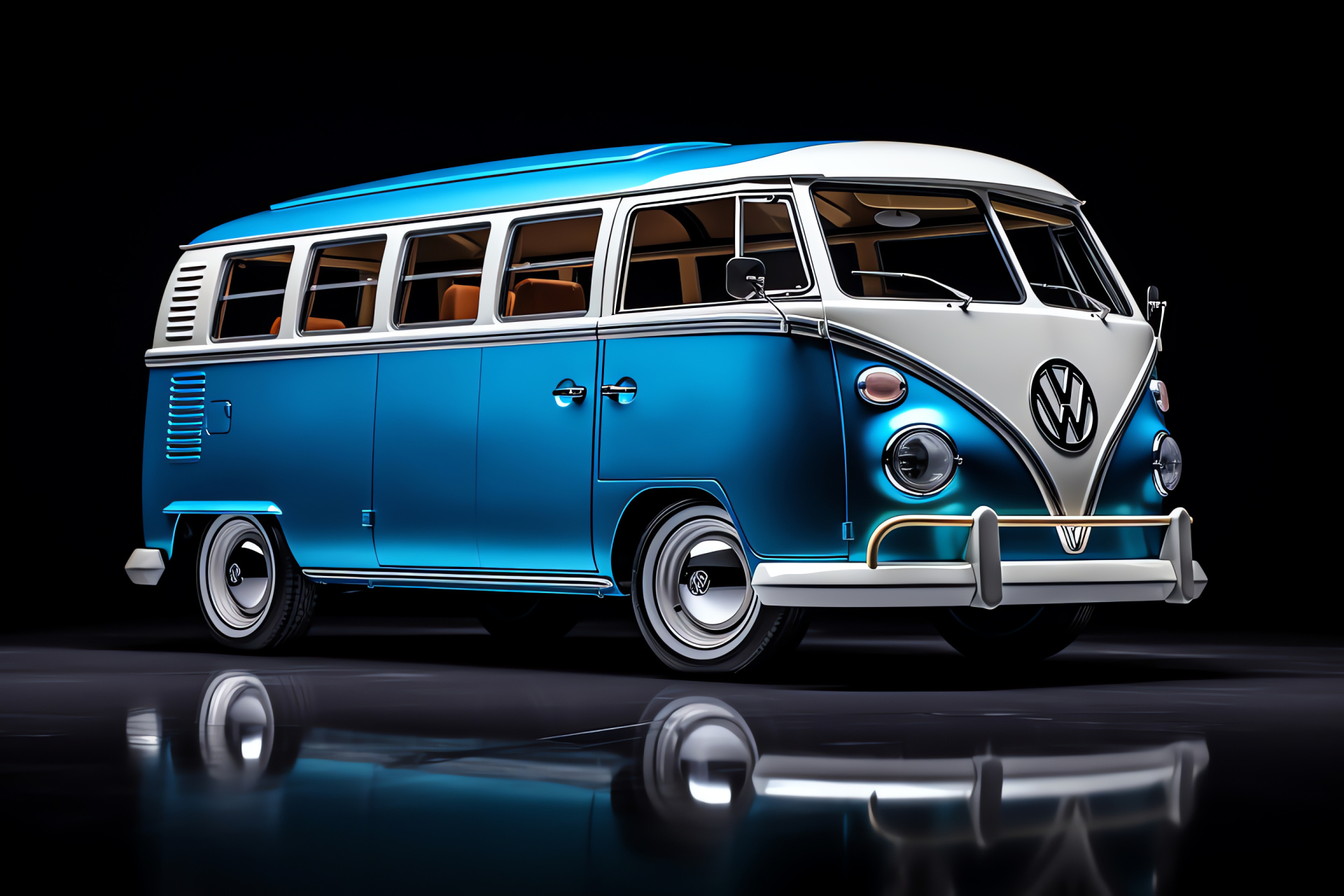 Classic VW Bus T2 Westfalia, side profile, azure auto tone, stark contrast setting, cultural icon visualization, HD Desktop Wallpaper