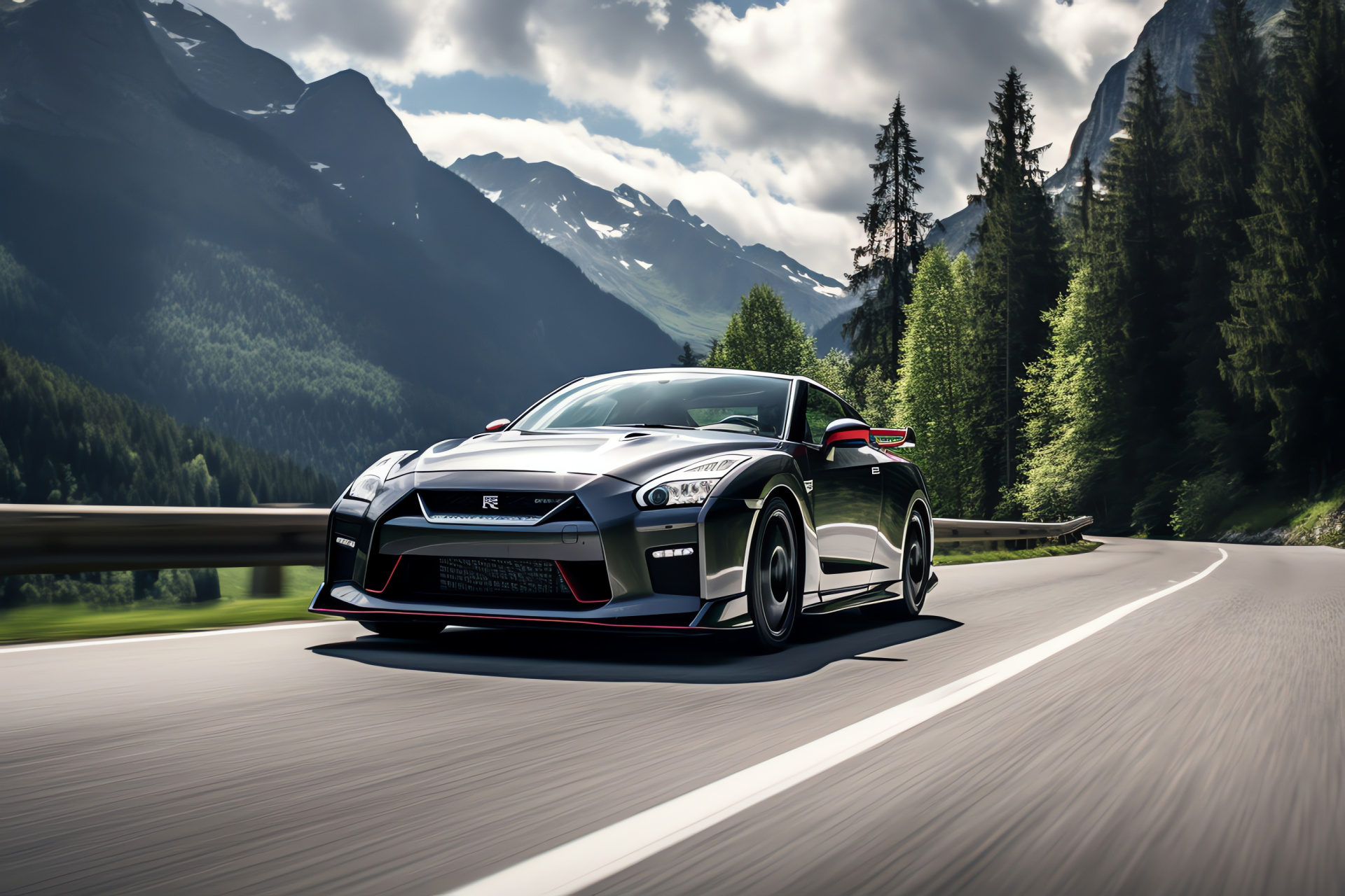 Nissan GTR R35 Italian journey, Dolomite mountains, V-Spec Nismo model, Engine prowess, Mountain driving, HD Desktop Image