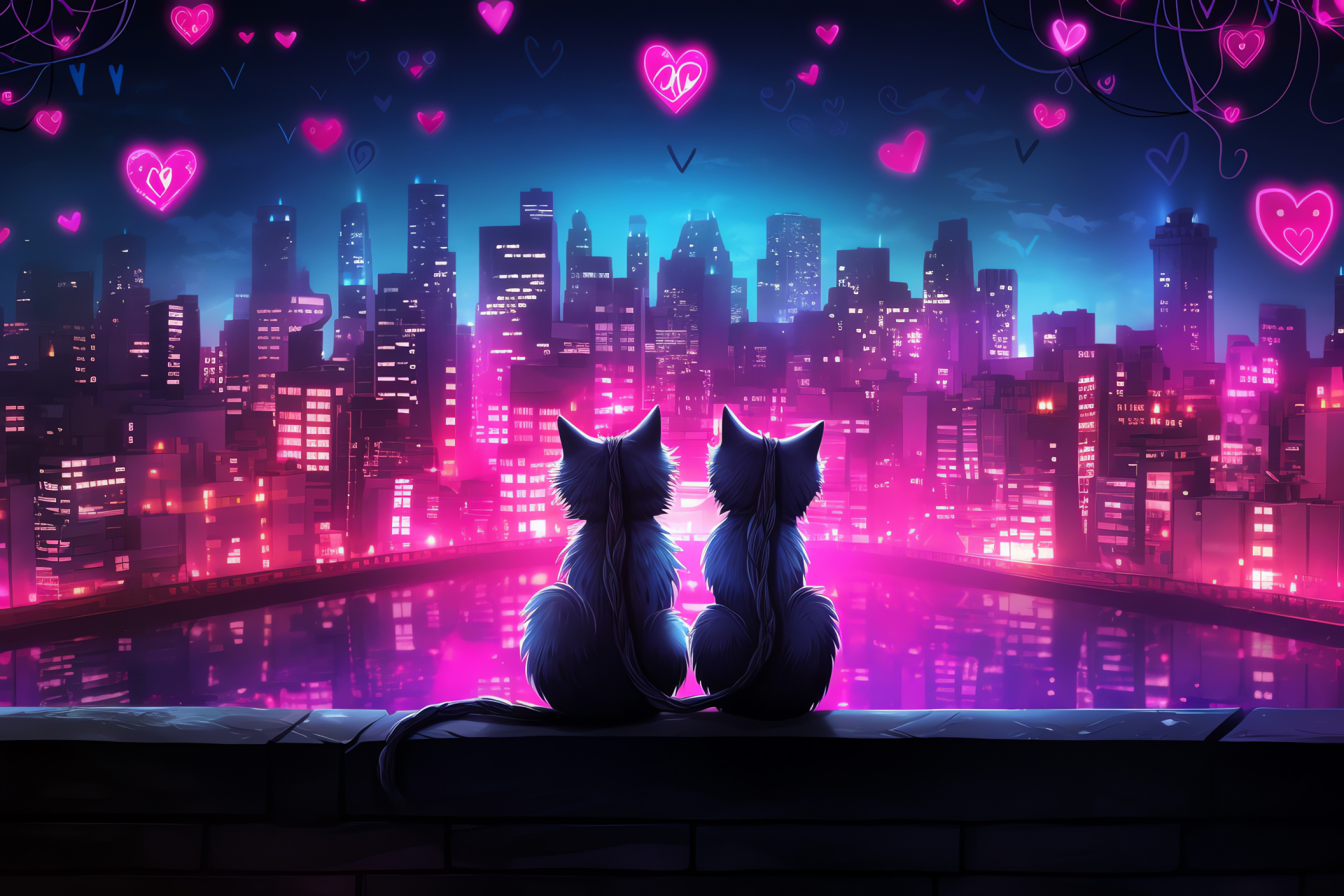 Nocturnal feline Valentine, City night vista, Radiant urban glow, Metropolitan love, Nightlife sparkle, HD Desktop Wallpaper