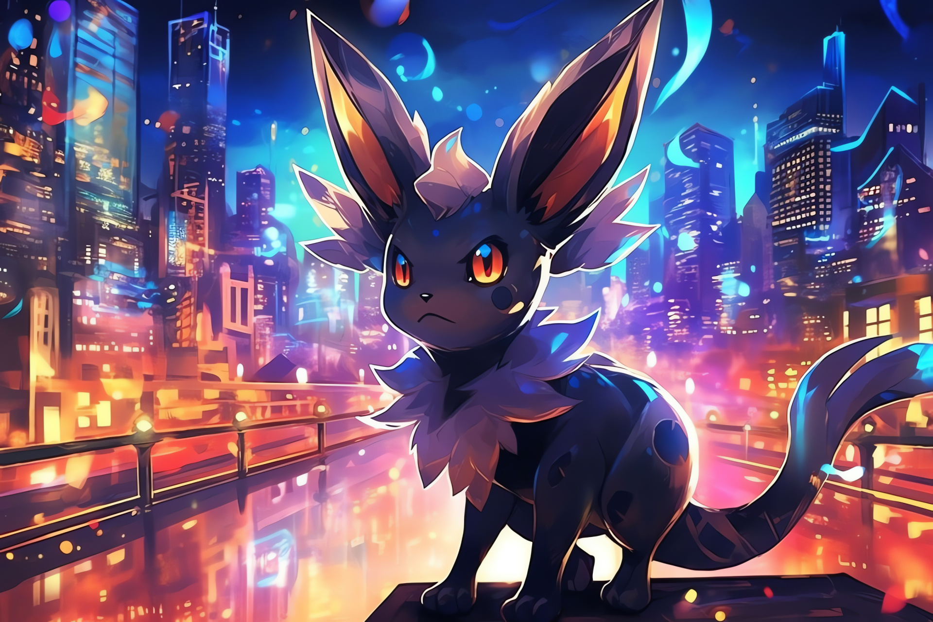 Umbreon urban night scene, Pokemon swift figure, Twilight city panorama, Meteor garnished sky, Energetic adventure, HD Desktop Image