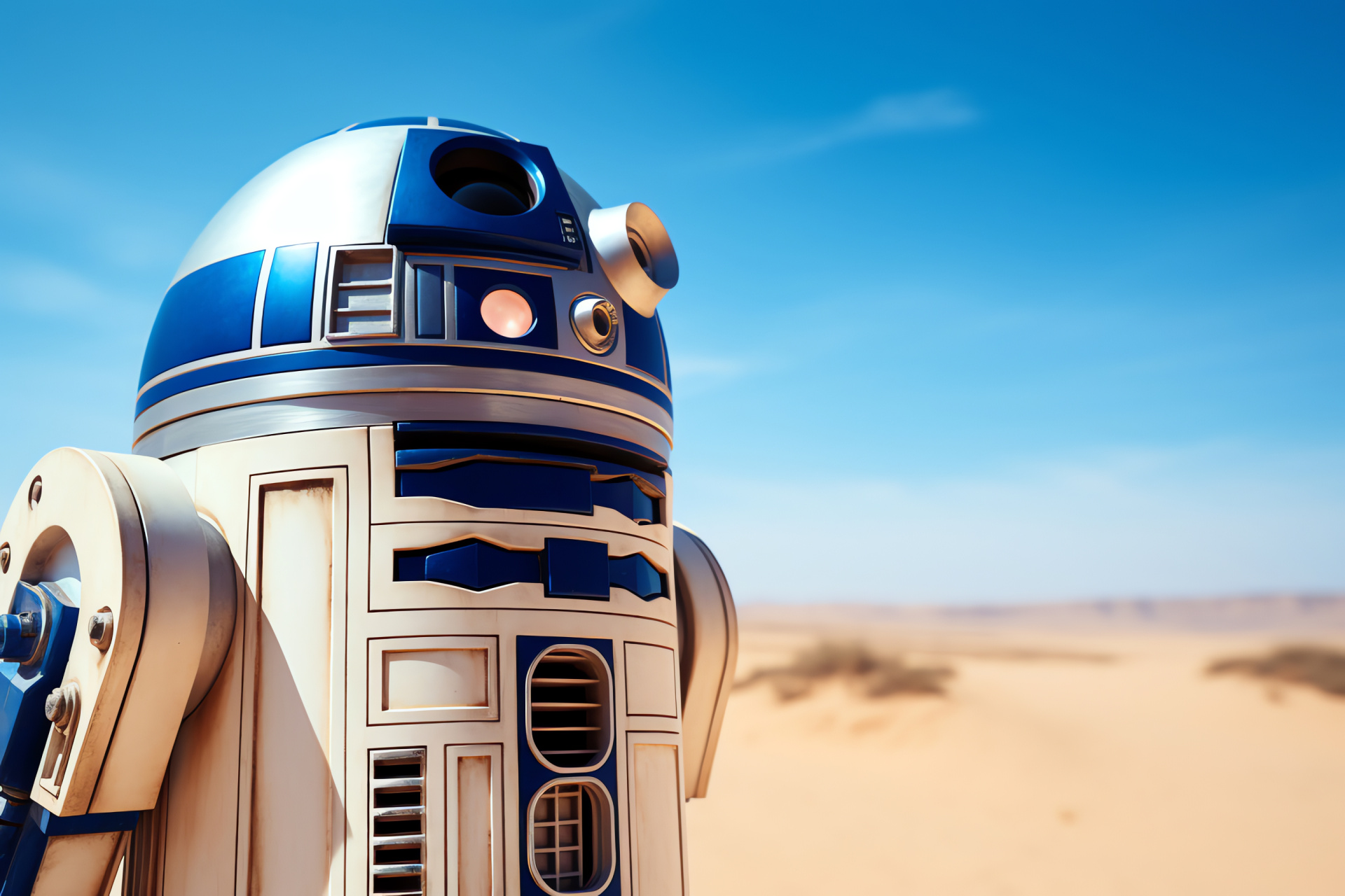 Star Wars R2-D2, Droid close-up, Mechanical being, Arid terrain, Sci-Fi icon, HD Desktop Image