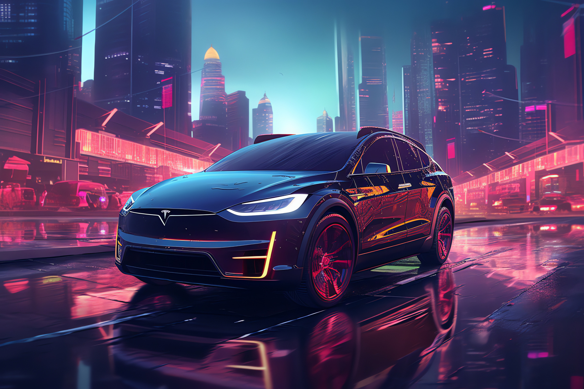 Tesla, Model X portrait, Cybertech metropolis, Urban lighting ambience, Electric vision, HD Desktop Image