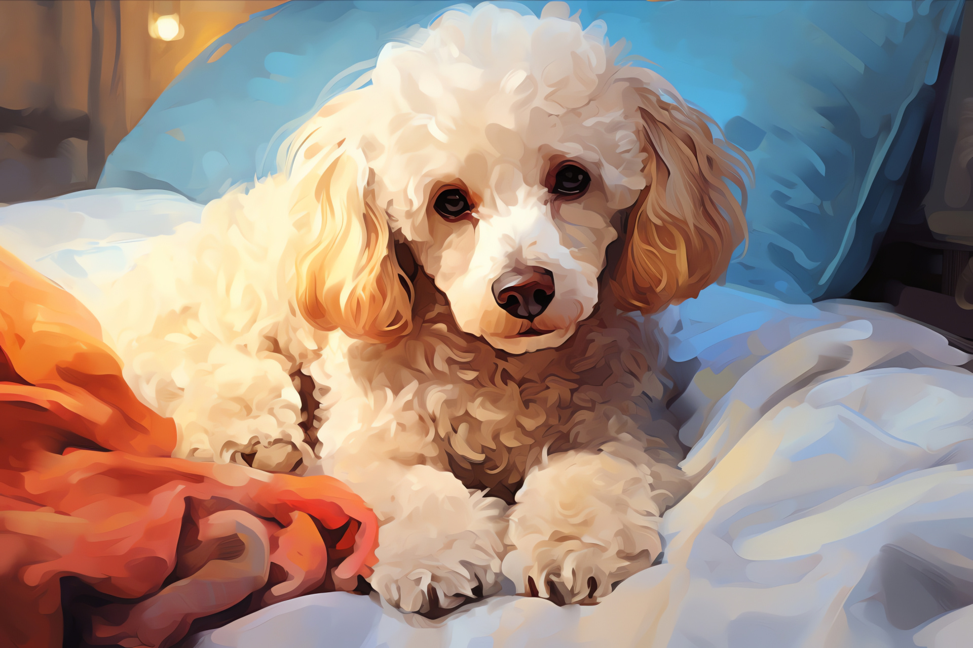Companion Poodle bedside, cream-toned fur, wise brown eyes, long haired comfort, homely proximity, HD Desktop Image