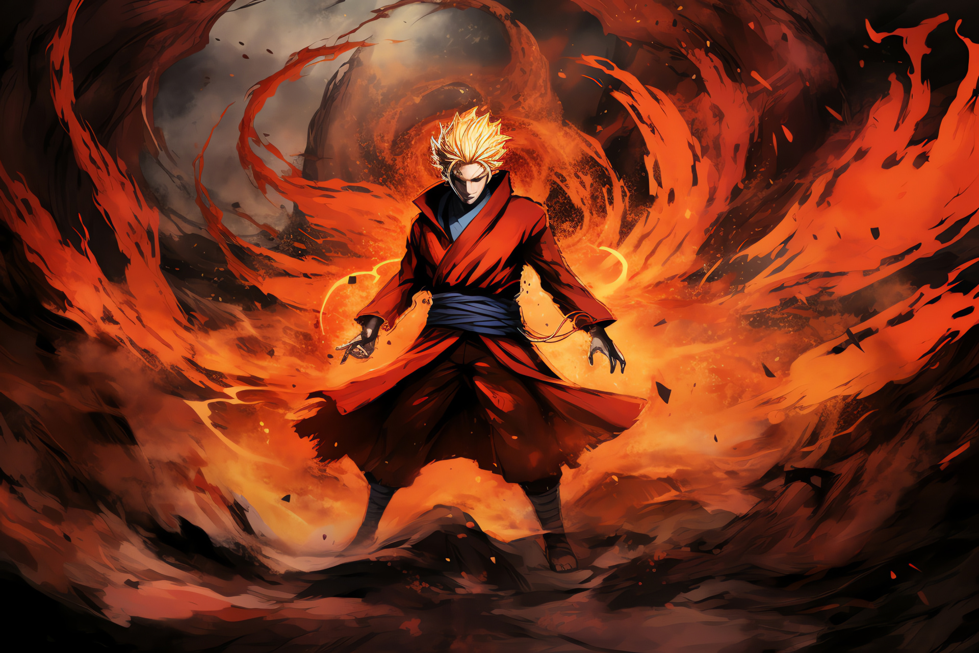 Naruto with Nine-Tails chakra, Uzumaki's power, Manga protagonist, Anime flame effects, Ninja engulfed in battle, HD Desktop Wallpaper