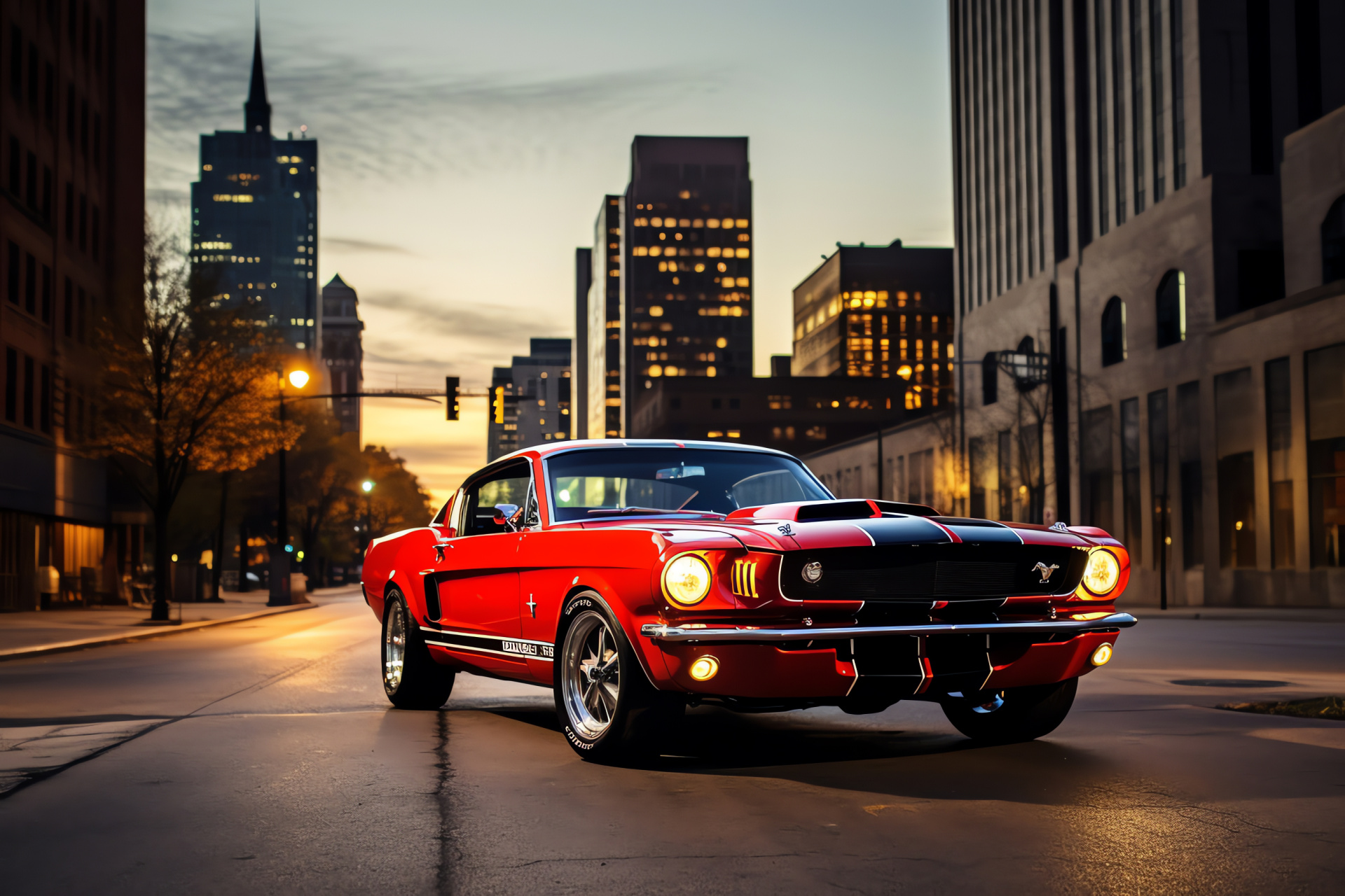 Iconic Shelby Mustang, GT350 series, Detroit city persona, Urban environment, Automotive excellence, HD Desktop Image