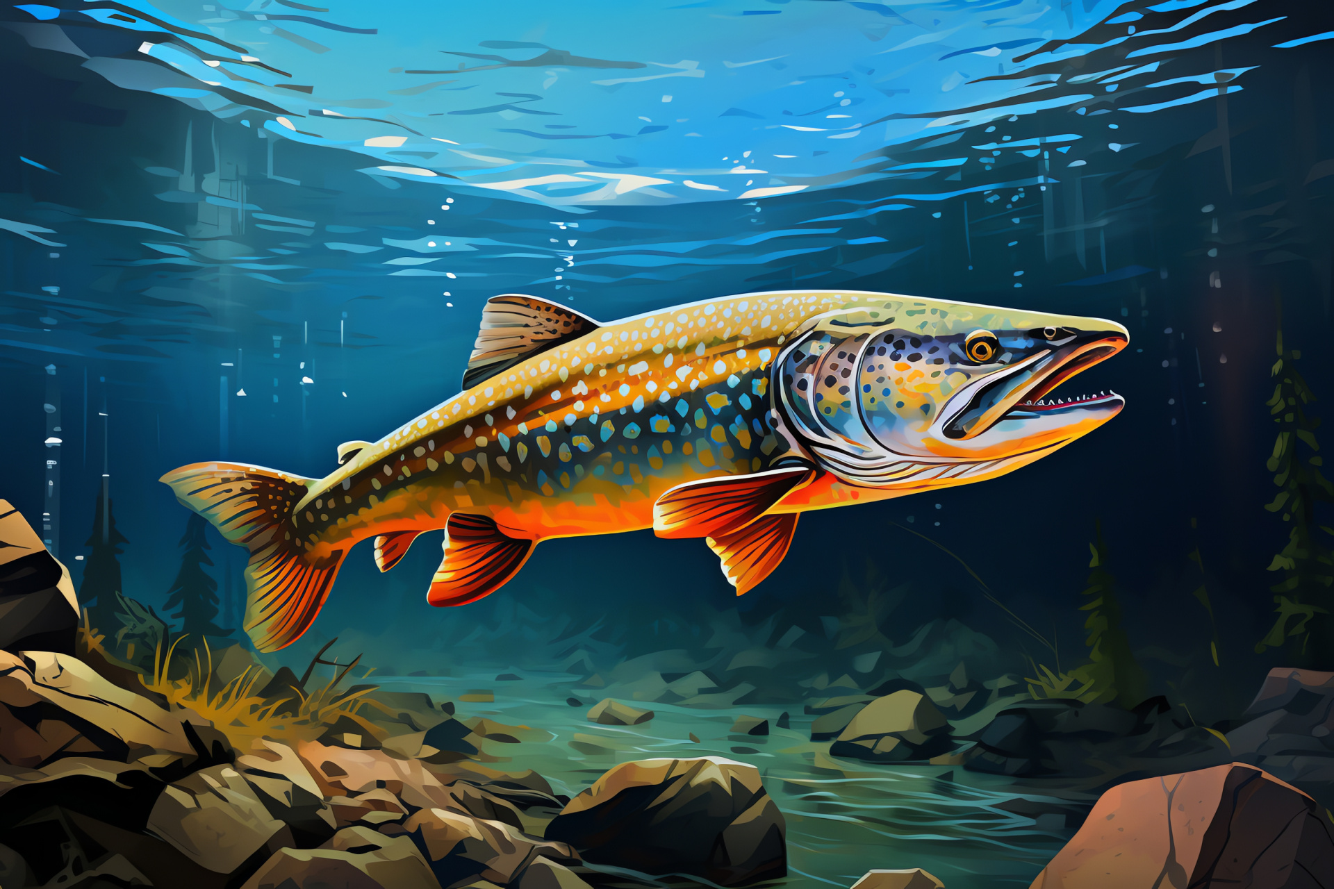 Tiger Trout pattern, Black-striped fish, Orange trout spots, Yellow fish pigmentation, Freshwater trout species, HD Desktop Wallpaper