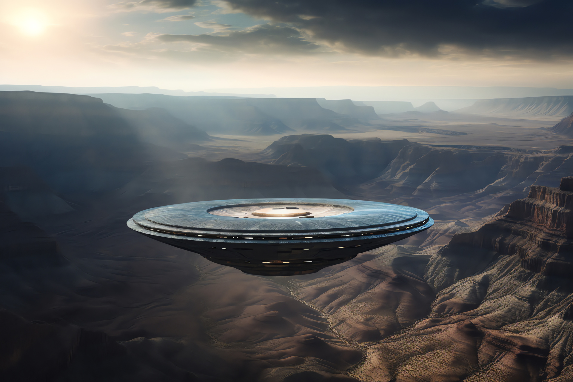 Unidentified Object hovering, Desert aerial encounter, Canyon shadows, Earthly presence, Unknown entity, HD Desktop Image