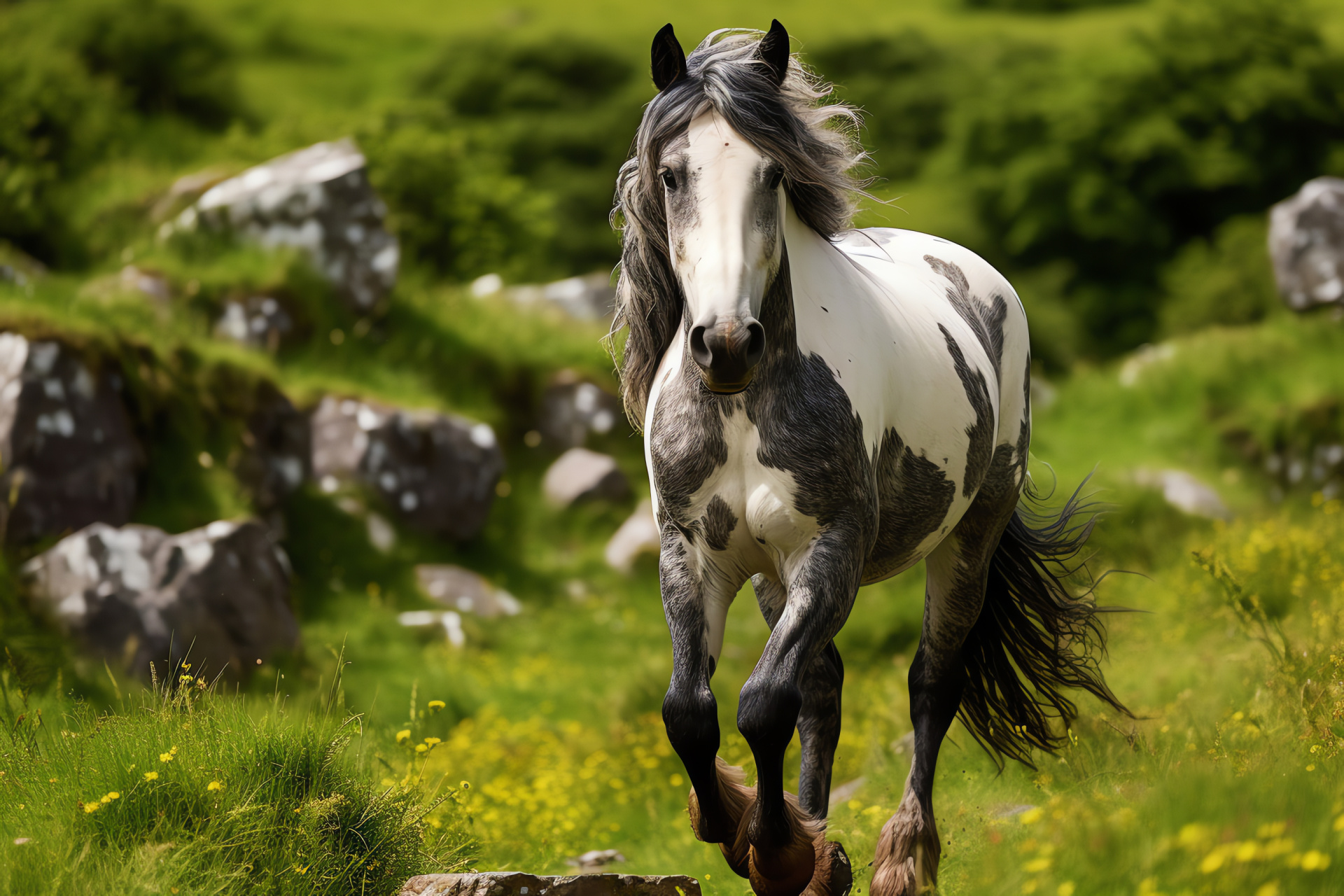 Wild Horse, Dappled gray coat, Wild pony and greenery, Equine beauty, Irish wildlife, HD Desktop Image
