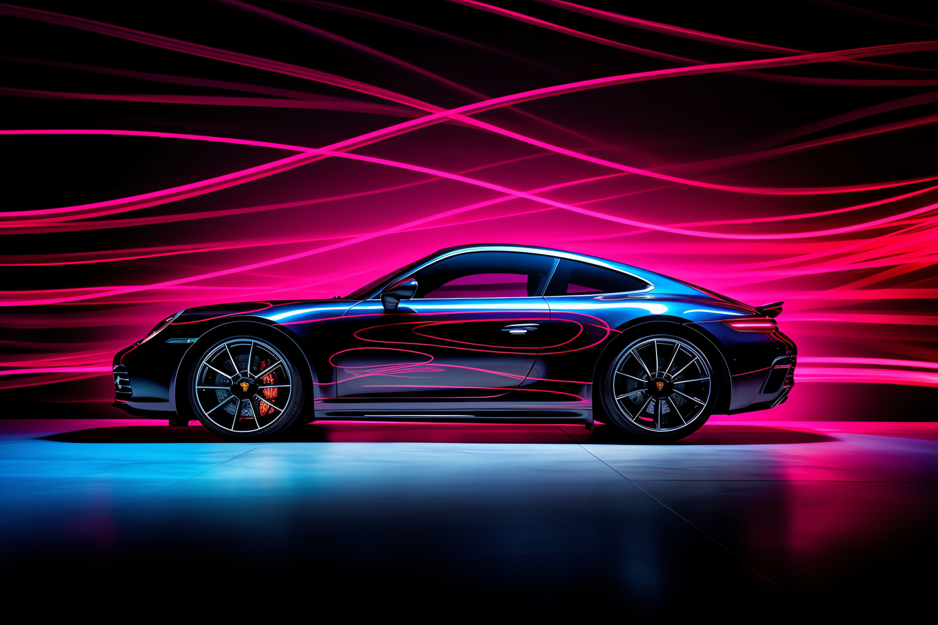 Porsche 911 silhouette, Hypnotic background swirls, Iconic sports automobile, Artistic lines, Engaging visuals, HD Desktop Wallpaper