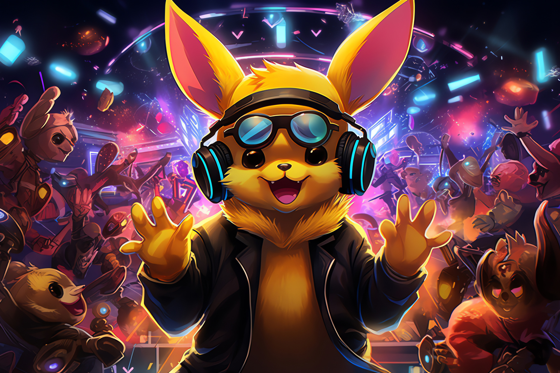 Raichu character, energetic atmosphere, nightclub scene, Electro-type Pokmon, beat phenomena, HD Desktop Image