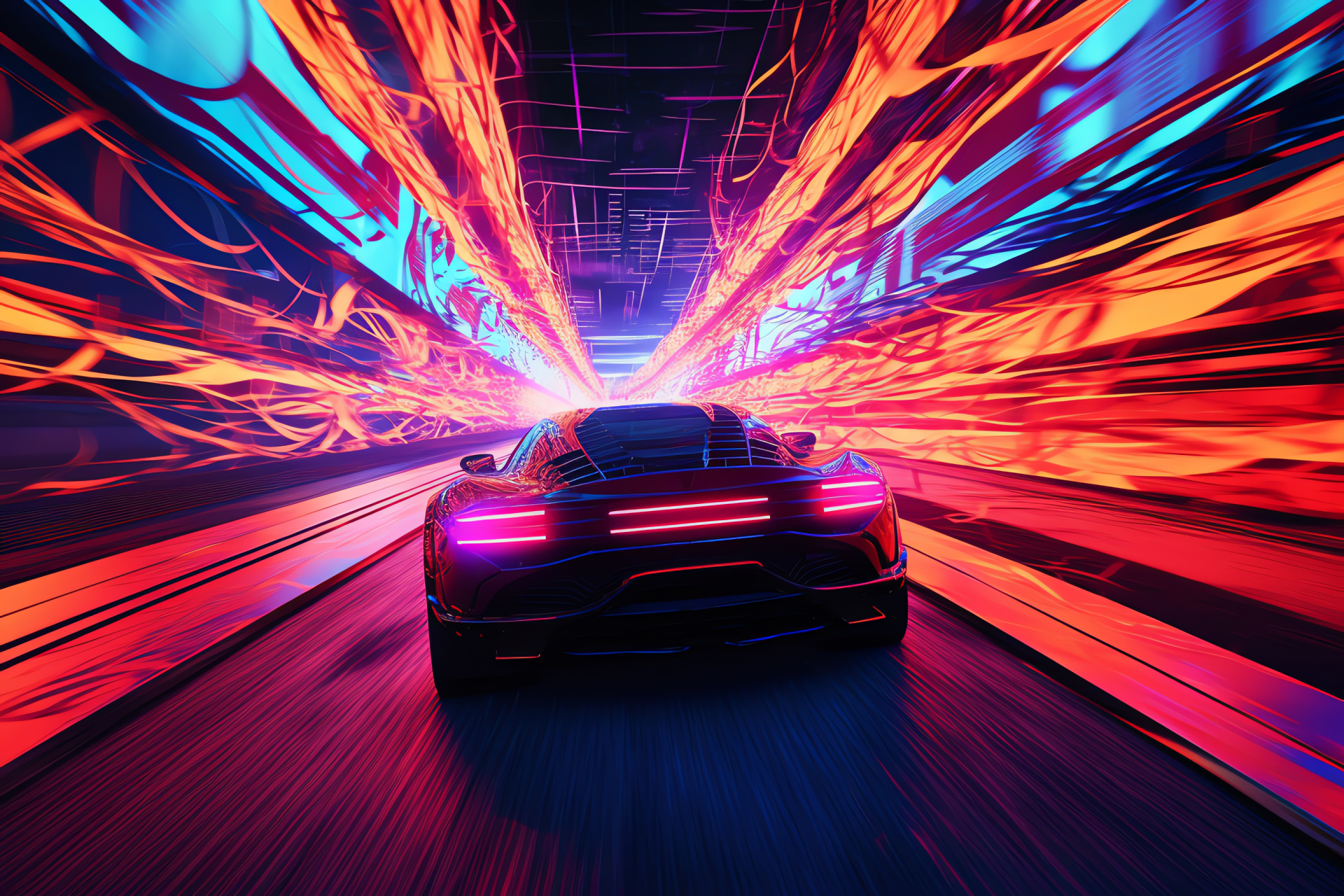 Neon car captured overhead, nostalgic city views, hologram aesthetics, vibrant streetscape, HD Desktop Image