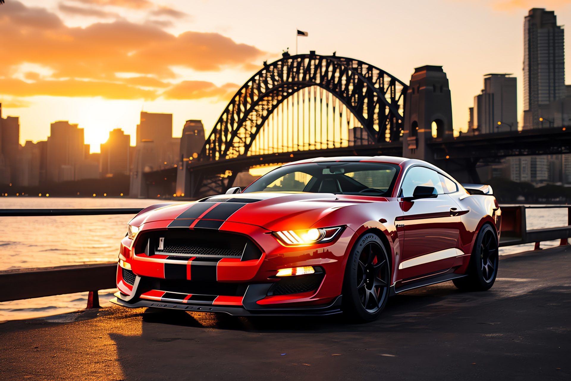 Ford Mustang GT350, Sydney panorama, Harbour Bridge scene, Urban exploration, Auto sophistication, HD Desktop Wallpaper