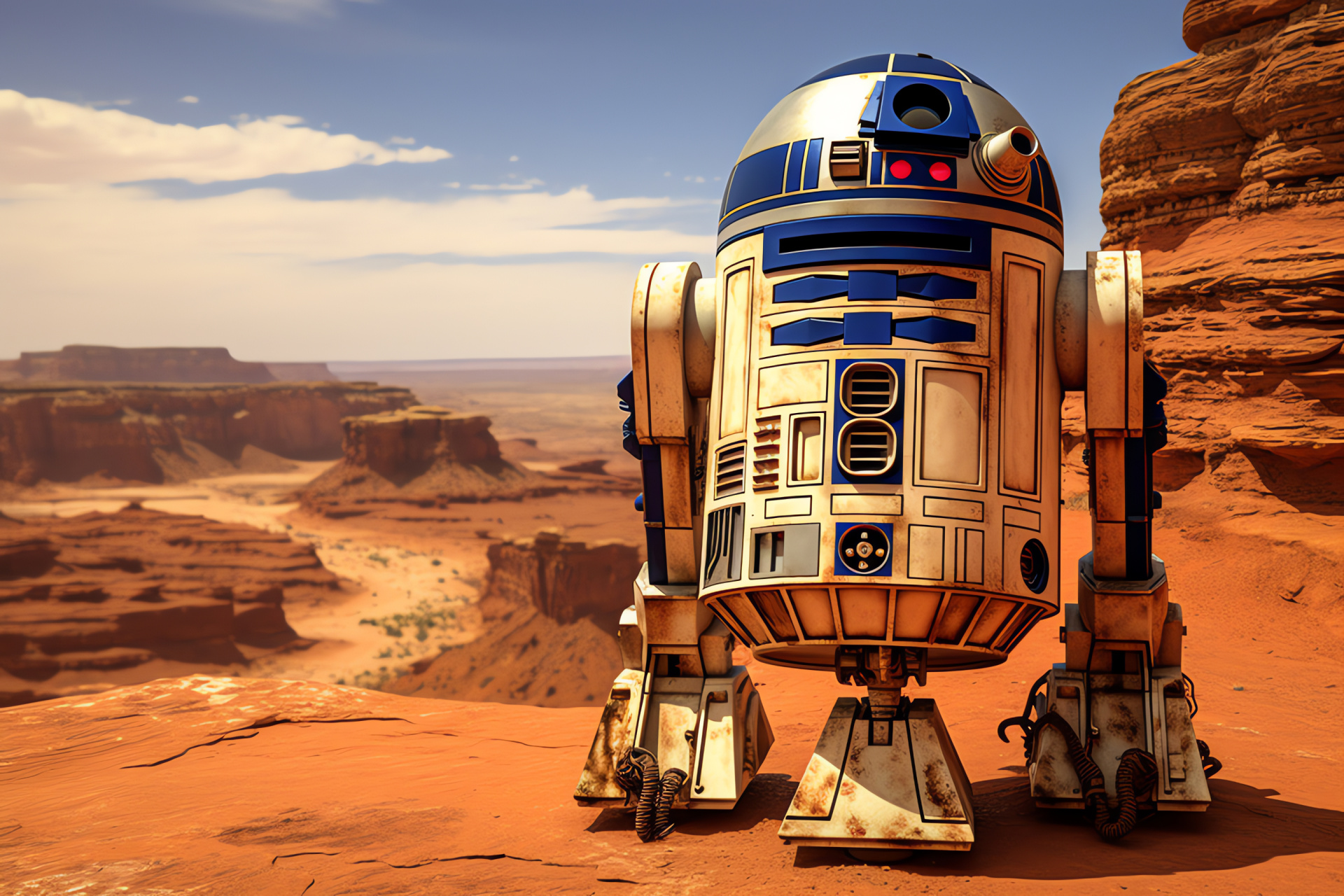 R2-D2 on Tatooine, iconic robot character, Star Wars narrative, arid planet exploration, classic droid appearance, HD Desktop Wallpaper