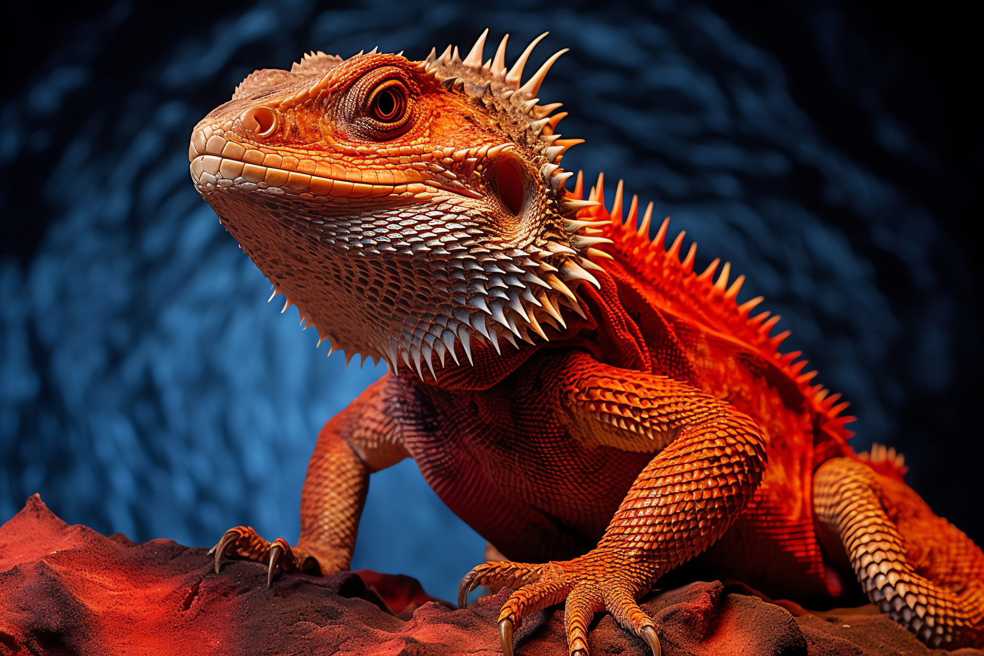 Bearded dragon, assertive stance, radiant backdrop, amber glance, spiny contour, HD Desktop Image