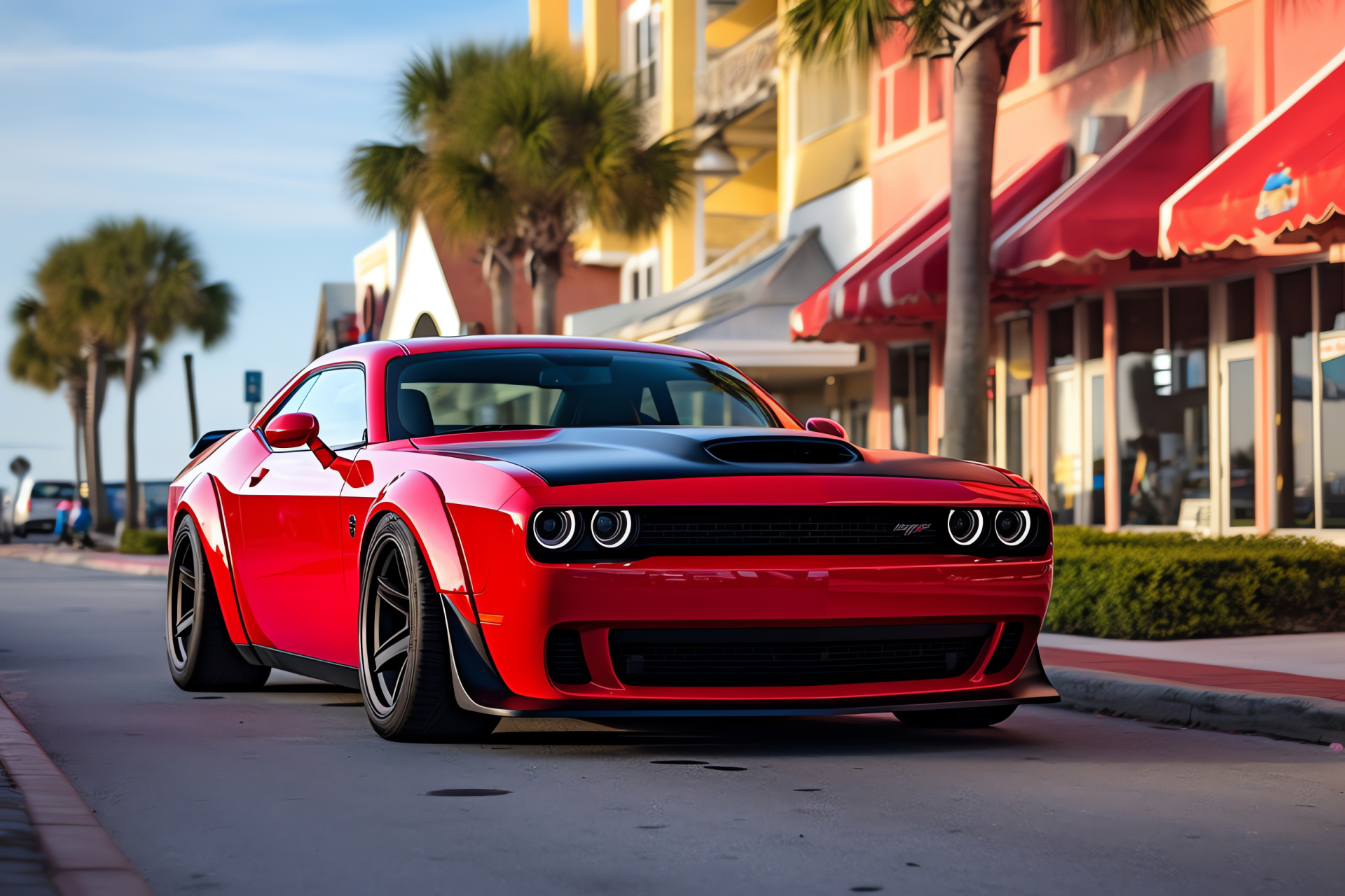 Dodge Challenger SRT Hellcat, Muscle car photography, Widebody vehicle, Daytona Beach scene, Aggressive vehicle design, HD Desktop Image