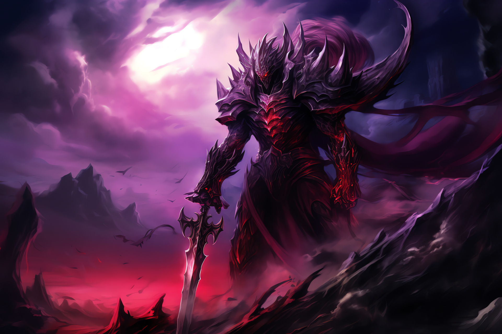 Soul Calibur Nightmare, Ominous metropolis, Violet haze, Blood-red firmament, Fantasy realm, HD Desktop Wallpaper