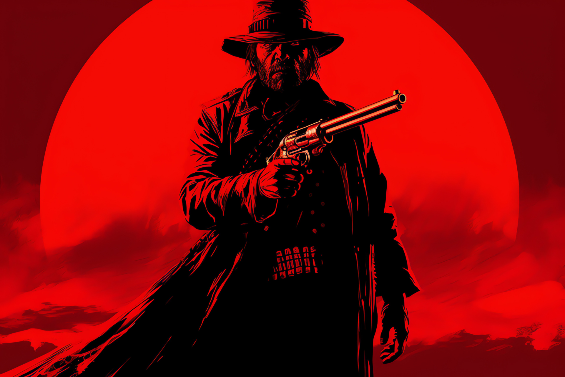 Javier Escuella ready aim, Red Dead Redemption sniper, Strong blue backdrop, In-game character focus, Wild West persona, HD Desktop Image