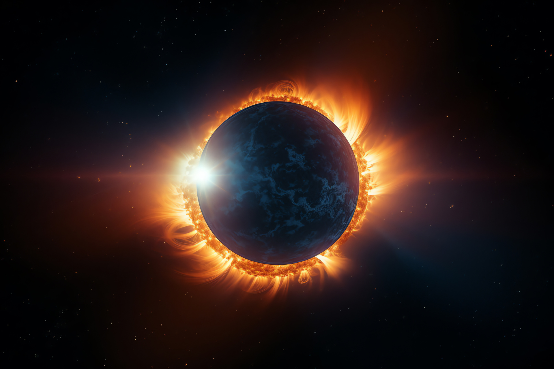 Solar eclipse grandeur, Dazzling space event, Cosmic darkness, Flaring star edges, Eclipse brilliance, HD Desktop Wallpaper
