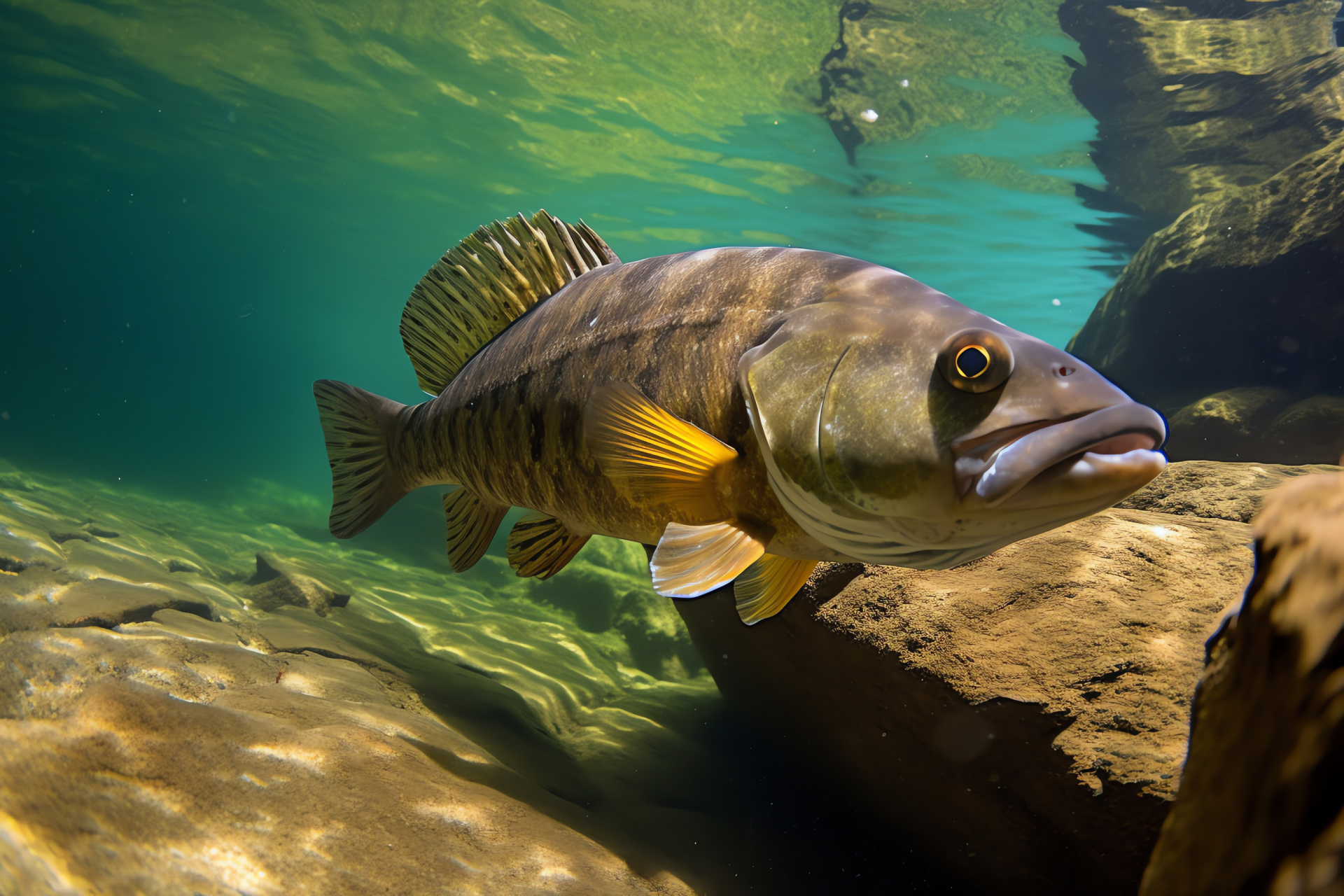 Bronzeback predator, attentive yellow gaze, speckled riverine camouflage, stealth in streambed, natural disguise, HD Desktop Wallpaper