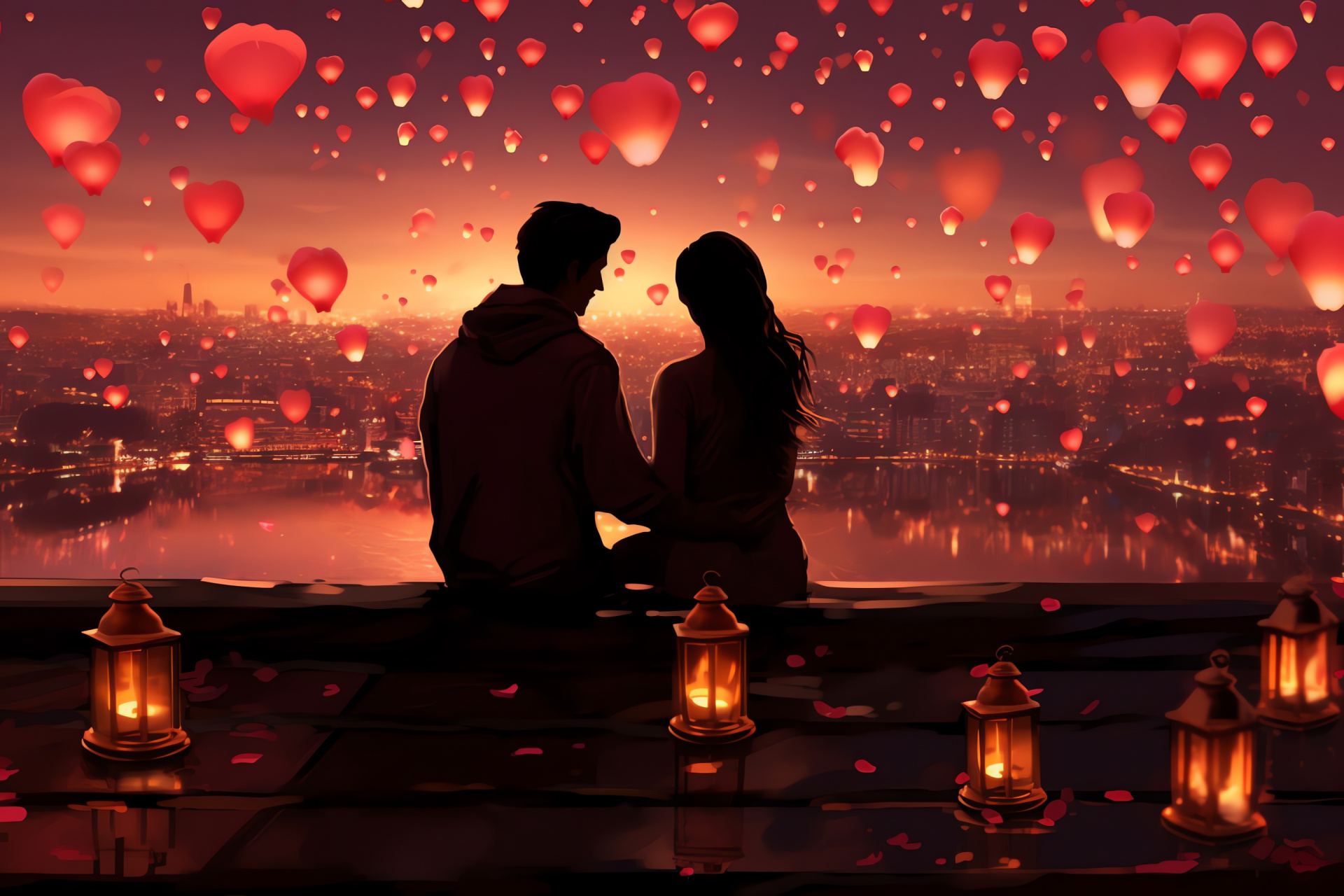 Heart iconography, intimate pair, urban canopy, festival lights, scarlet tones, HD Desktop Image