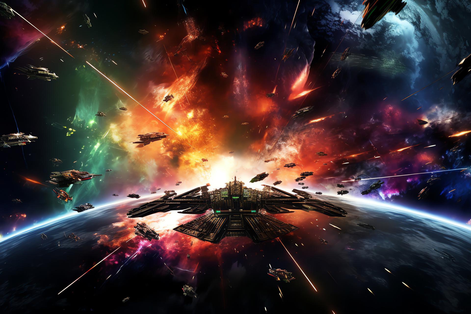 Intergalactic confrontation, Galactic hue explosion, Starship engagement panorama, Space conflict scales, Celestial spectrum, HD Desktop Image