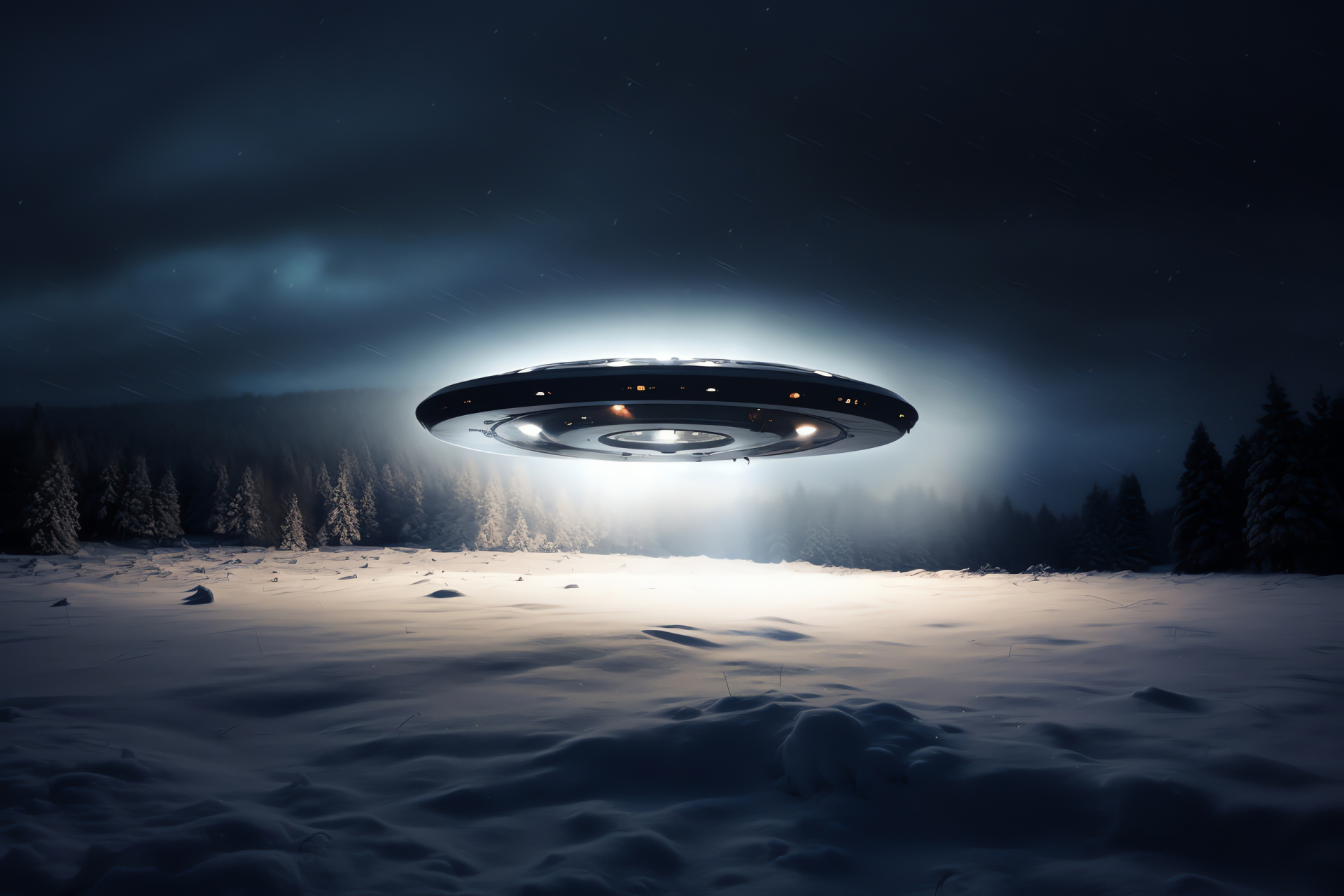 UFO touchdown, arctic arrival, extraterrestrial beam, frosted wilderness, flying saucer, HD Desktop Image